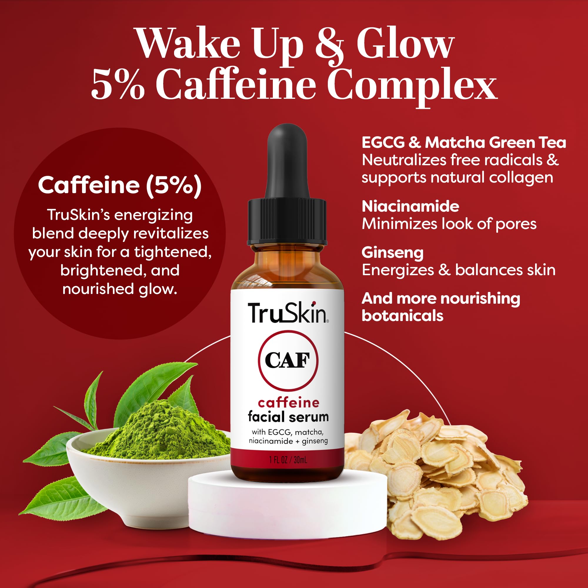 TruSkin Caffeine Face & Eye Serum – Energizing 5% Caffeine Serum with EGCG Niacinamide Matcha and Ginseng – Improve Look of Under Eye Dark Circles and Puffiness, 1 fl oz