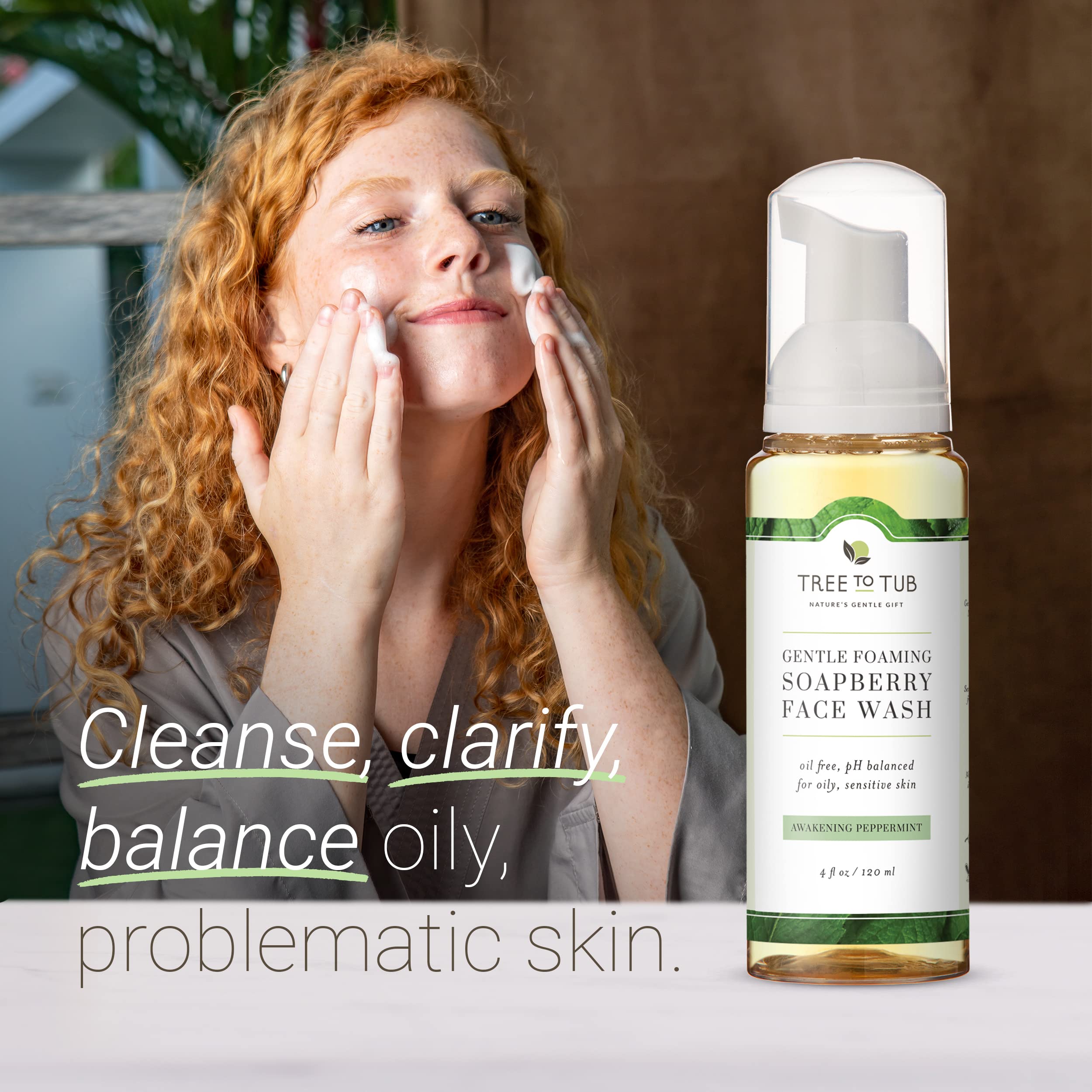 Gentle, Acne Face Wash for Oily Skin. The Only pH 5.5 Balanced Peppermint Foaming Cleanser for Sensitive Skin â€“ Women and Mens Face Wash Made with Organic Wild Soapberries, 4 ozâ€”by Tree To Tub