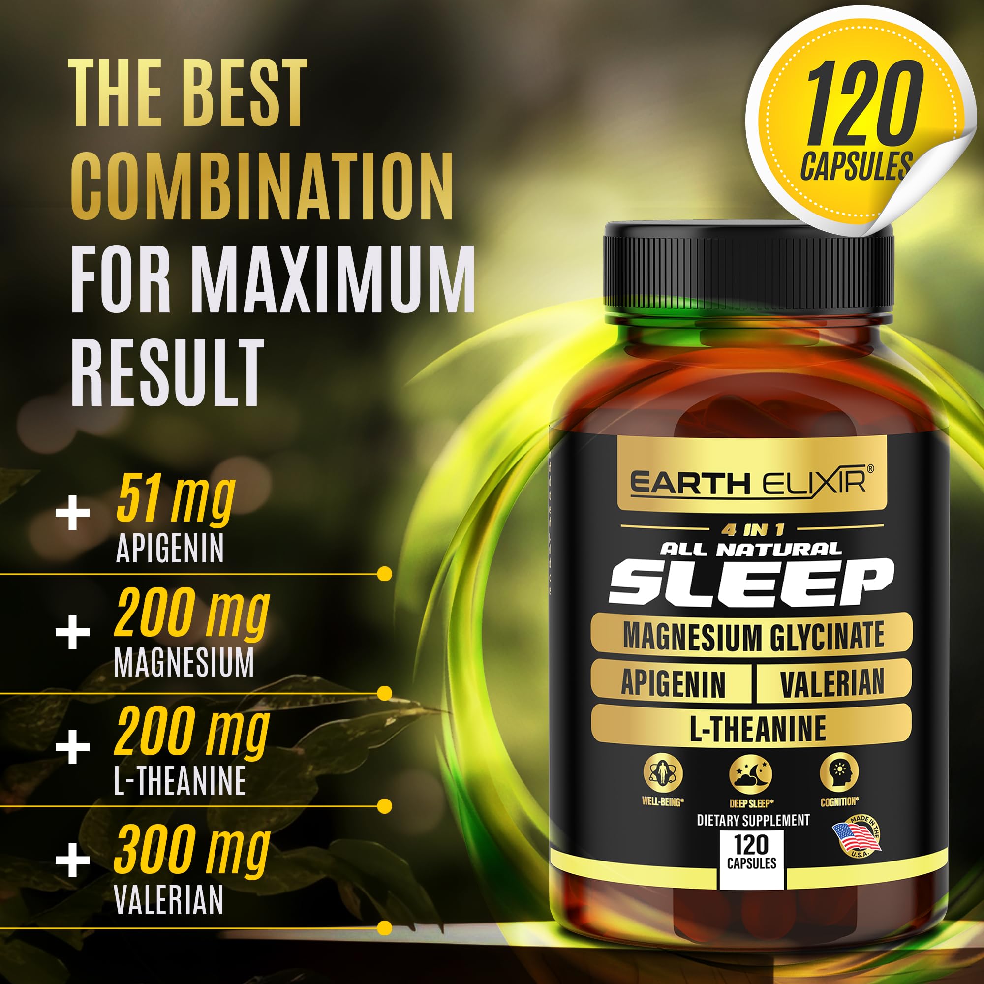 Earth Elixir 4-in-1 Sleep Aid (120 Caps) w/Apigenin 50mg, Magnesium Glycinate 200mg, L Theanine 200mg & Valerian Root for Sleep Aid 300mg | Apigenin Supplement for Sleep | Sleeping Pills