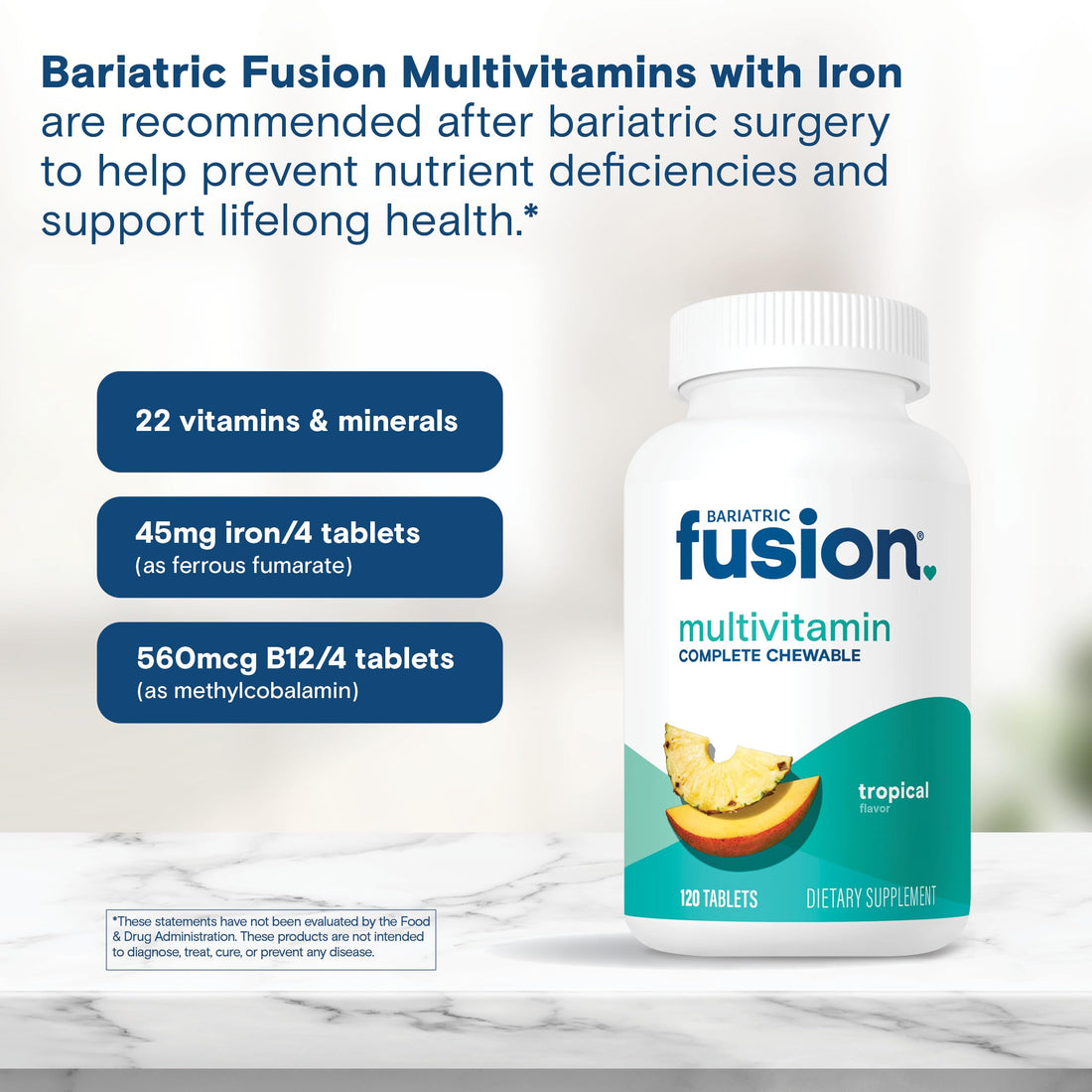 Bariatric Fusion Tropical Complete Chewable Bariatric Multivitamin with Iron for Bariatric Surgery Patients Including Gastric Bypass and Sleeve Gastrectomy - 120 Tablets