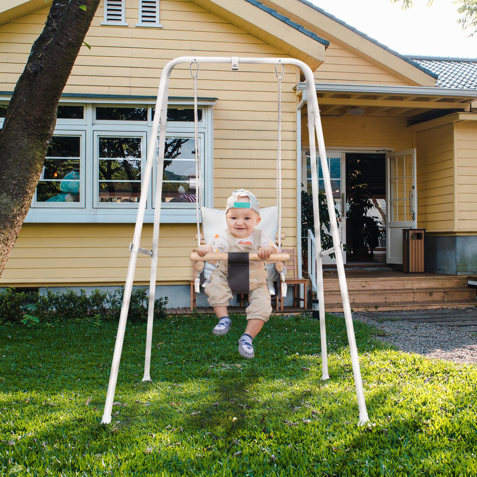 RAGOZONERY 2 in 1 Baby Jumper with Toddler Swing, Baby Jumpers and Bouncers,Indoor Outdoor Toddler Swing Set, Cotton, White