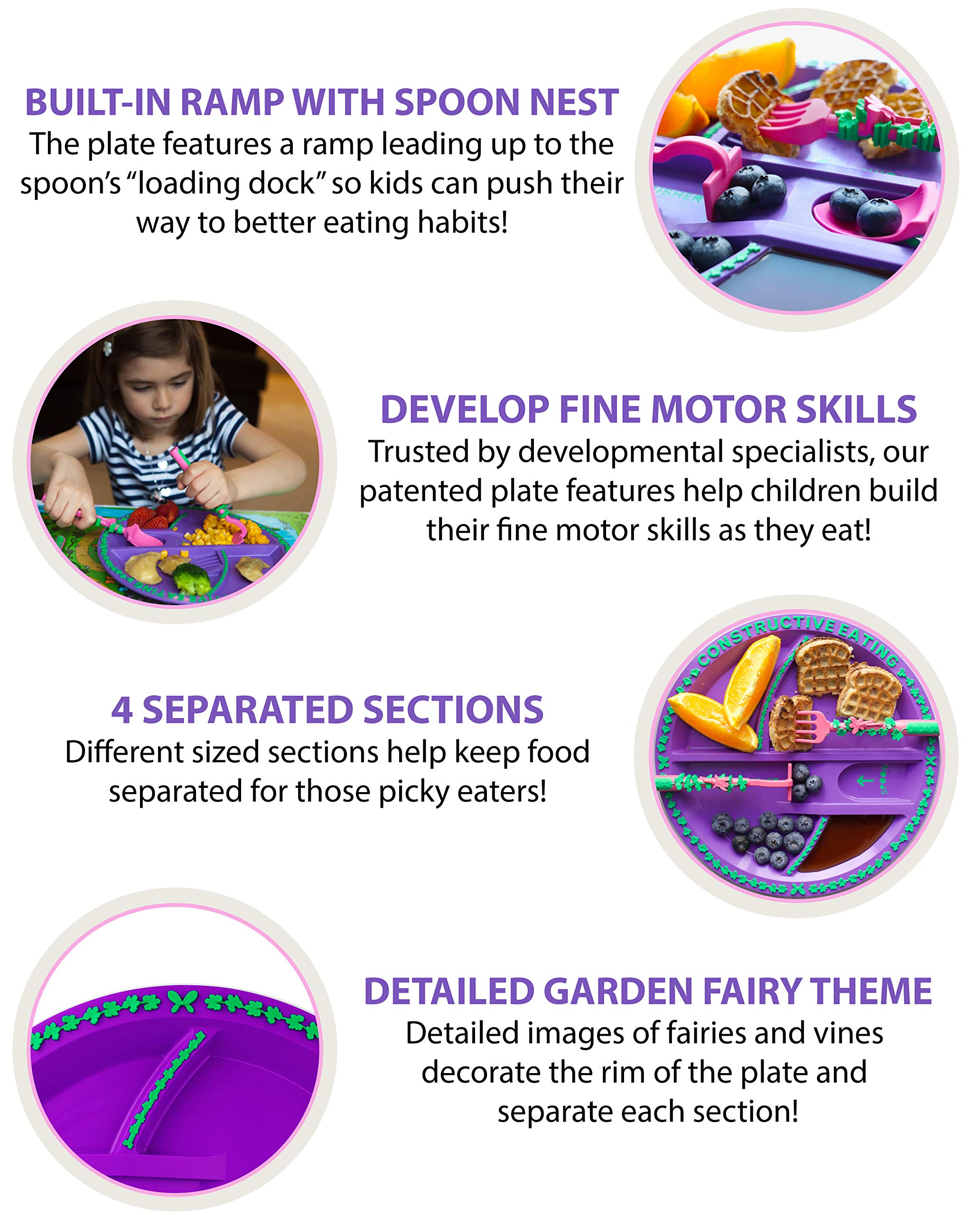 Constructive Eating Plate and Utensils Set - Made in USA - Toddler Dinnerware, Kids Dinnerware and Utensils Set for Ages 1-3, Toddler Utensils 2 and 3 Year Old, Divided Toddler Plates (Garden Fairy)