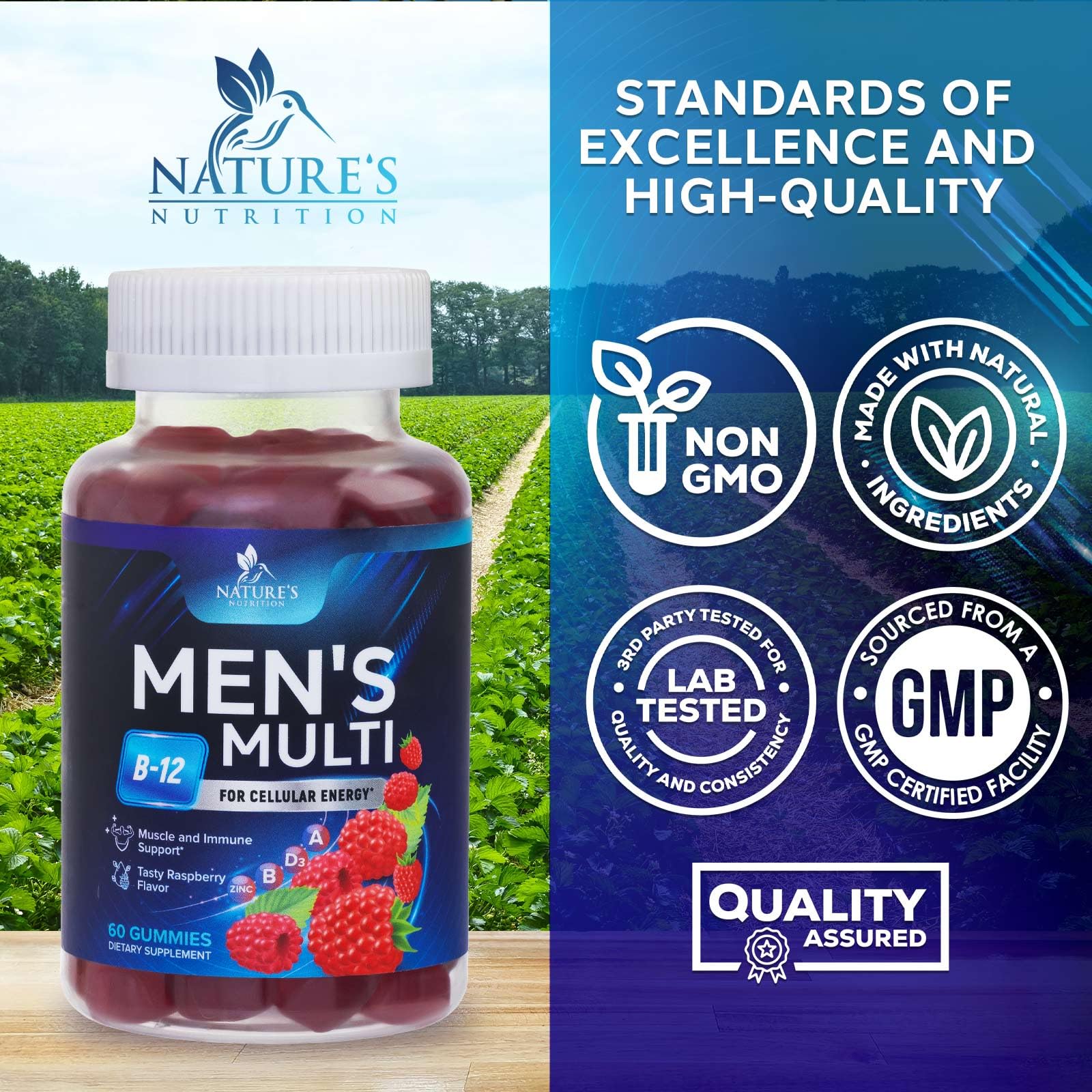Men Multi Vitamin Gummy - Multi-Vitamin for Men Daily Nutritional Support with Vitamins A, C, D, E, B12, Zinc, Folate, Biotin & More - Energy, Memory, Focus & Immune Health Support - 60 Gummies