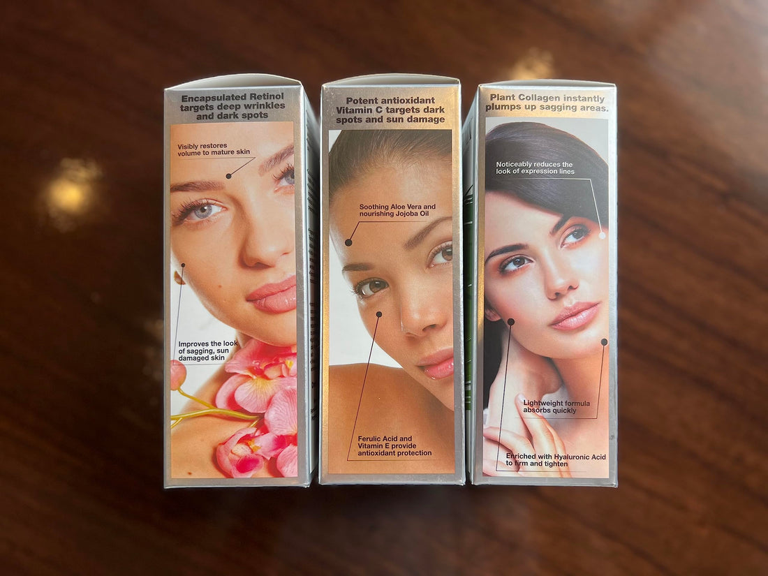 Progenix Professional Skin Care Set. Anti-aging serum set contains Collagen Serum, Retinol Serum, Vitamin C Serum. Helps with the appearance of wrinkles, plump skin, and brighten skin. 1oz each.