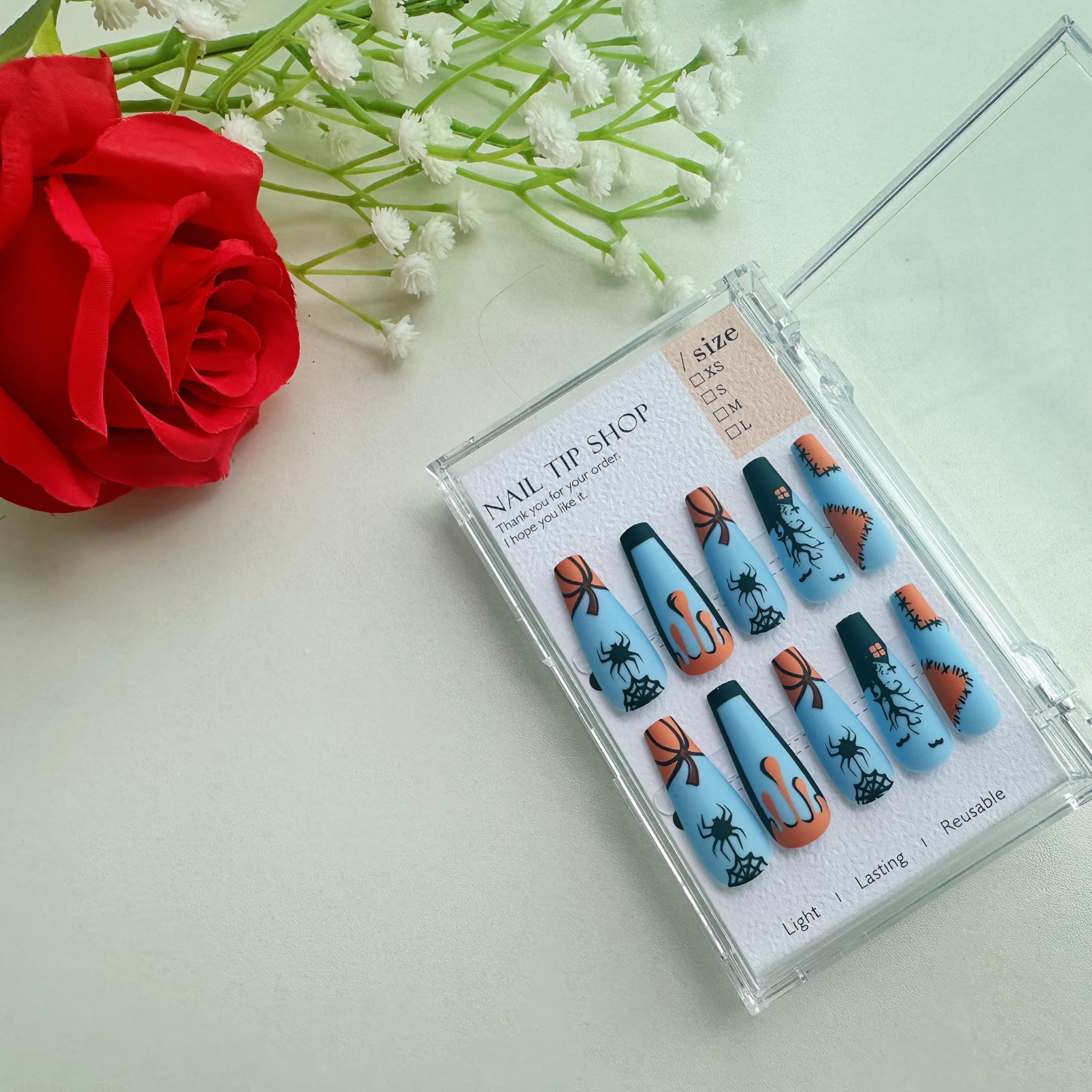 false nails,Blue long nails,Soft Gel Press - on Nails: Unique Blue with Palm Tree & Bow Designs, 24 nail sizes,Natural Fit