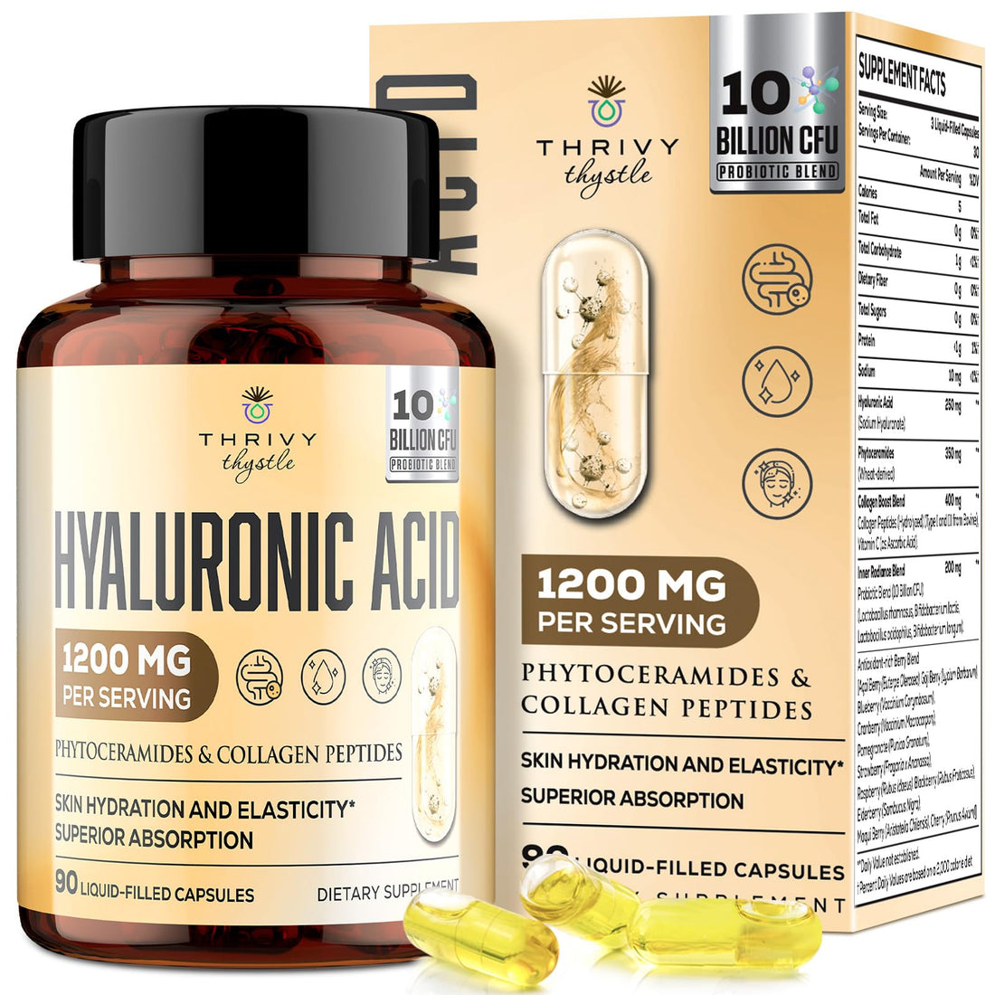 ThrivyThystle 19-in-1 Hyaluronic Acid Capsules - Hylunaric Acid 1200 mg, with Collagen Peptides, Vitamin C, Phytoceramides - for Skin, Eyes, Gastrointestinal, Bones & Joint Lubrication (1 Pack)
