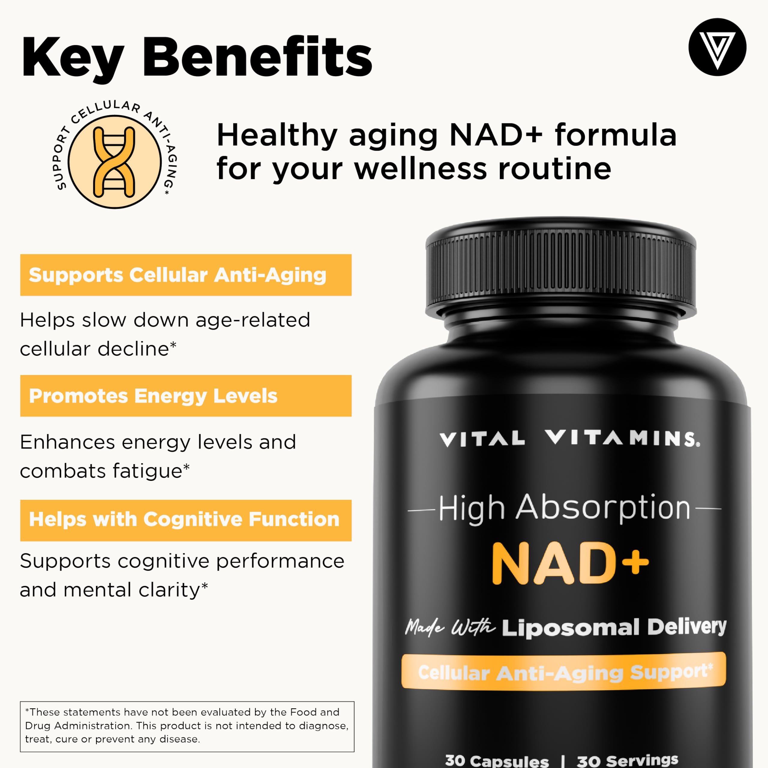 Vital Vitamins NAD Plus Supplement - Made with Liposomal Delivery - Cellular Anti-Aging Support, Energy, Focus - NAD+ (Nicotinamide Adenine Dinucleotide) for Men & Women - 30 Capsules