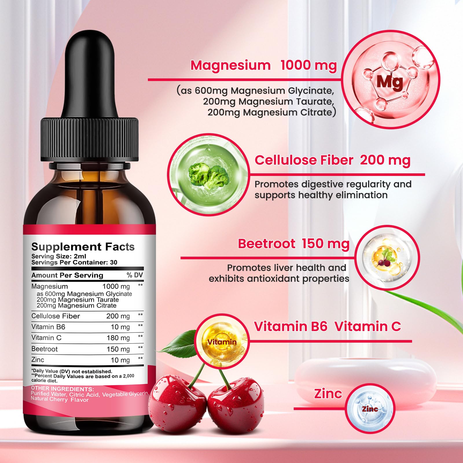 Magnesium Glycinate Liquid Drops, 1000mg Magnesium Glycinate, Citrate & Taurate with Fiber, Beetroot, Vitamin B & C for Sleep, Calm, Muscle, Energy & Relaxation, 2 Fl Oz, Sugar-Free Cherry Flavor