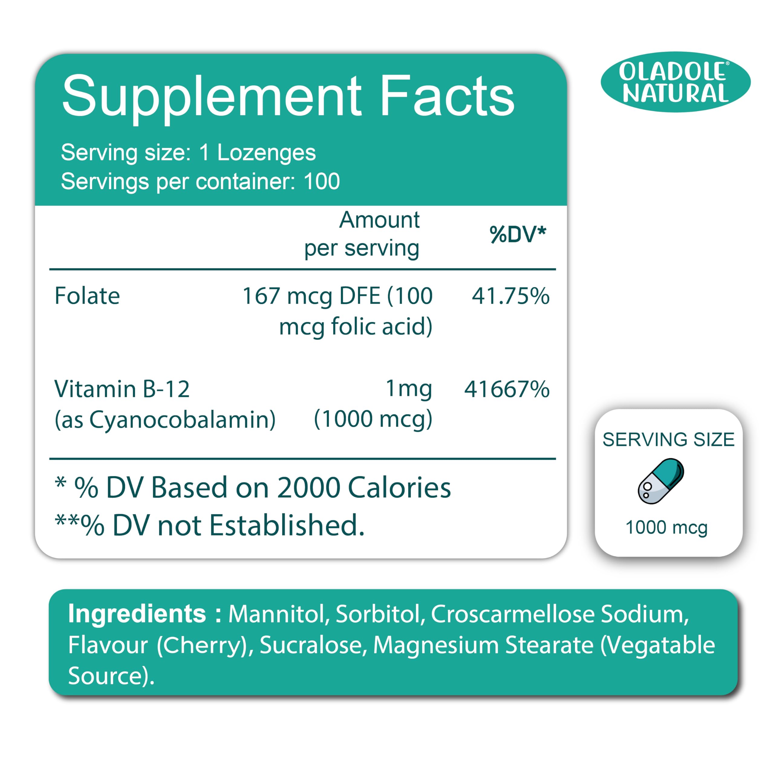 Oladole Natural Vitamin B-12 (1000mcg) - 100 Lozenges Black Cherry Flavour | Formulated with Folic Acid | Energy Boost, Red Blood Cell Formation, Nervous System Support & Immune Health | Non-GMO