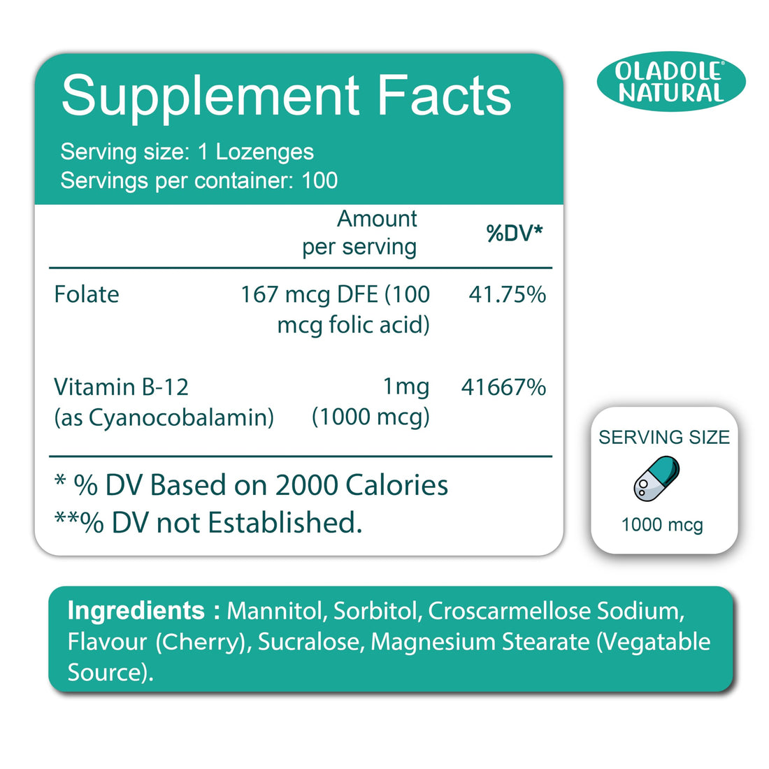 Oladole Natural Vitamin B-12 (1000mcg) - 100 Lozenges Black Cherry Flavour | Formulated with Folic Acid | Energy Boost, Red Blood Cell Formation, Nervous System Support & Immune Health | Non-GMO