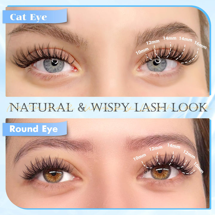 PHKERATA Natural Lash Clusters Wispy Eyelash Clusters 110 pcs Cluster Eyelash Extensions C Curvature Individual Lashes 10-16 mm Mix Length Natural Look Lashes Clusters with Thin Lash Band