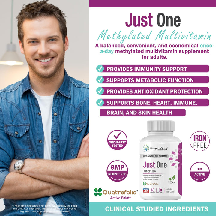 NatureGenX Just One Daily Methylated Multivitamin - 60 Caps Pure Methyl B12, Methylfolate MTHFR Support Supplement Iron Free Methylated Vitamins for Men & Women 2 Months Supply Gluten Free