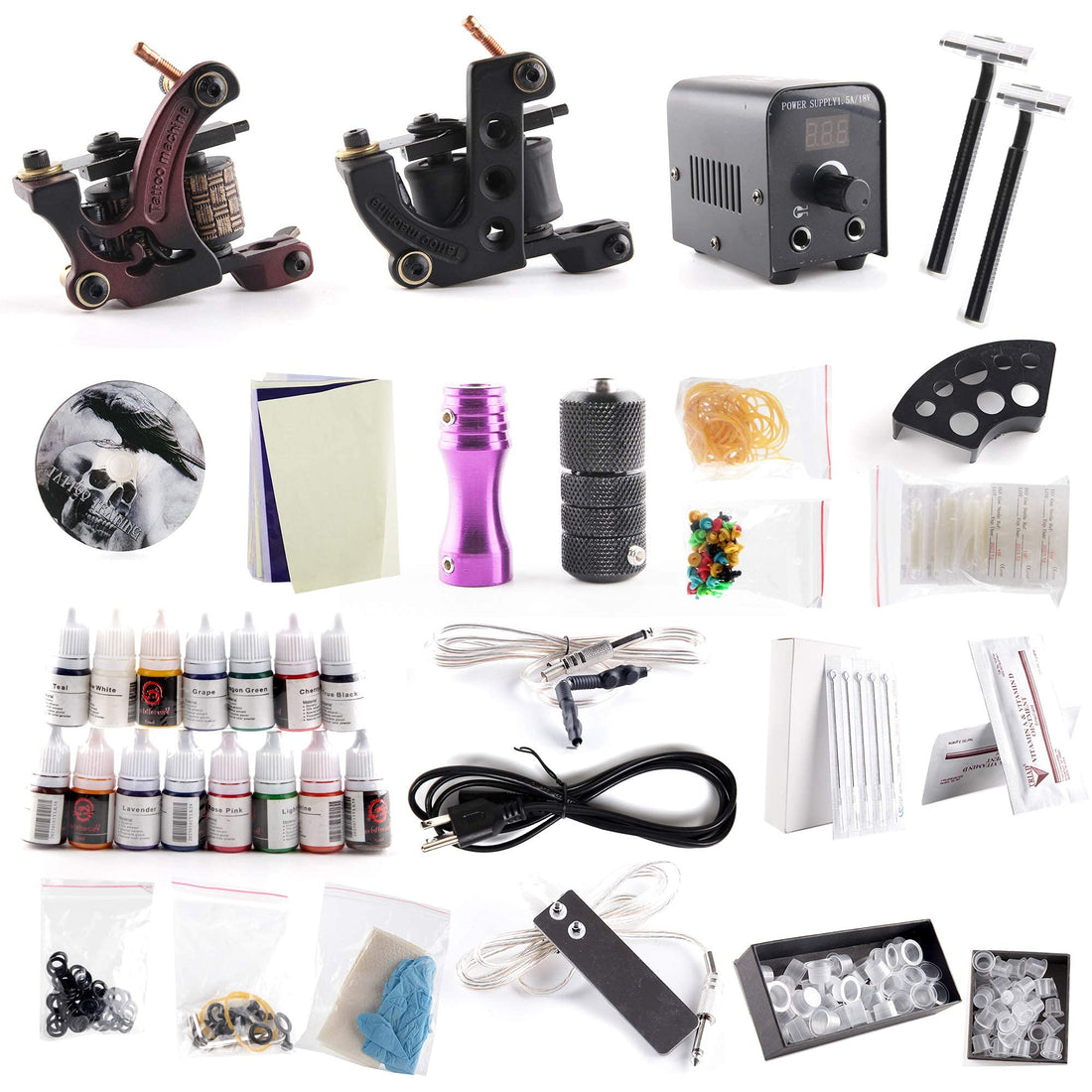 1TattooWorld Professional Tattoo Kit 2 Tattoo Machines, Digital Power Supply, 15 Color 5ml Tattoo inks, Grips, Needles, Transfer Paper etc