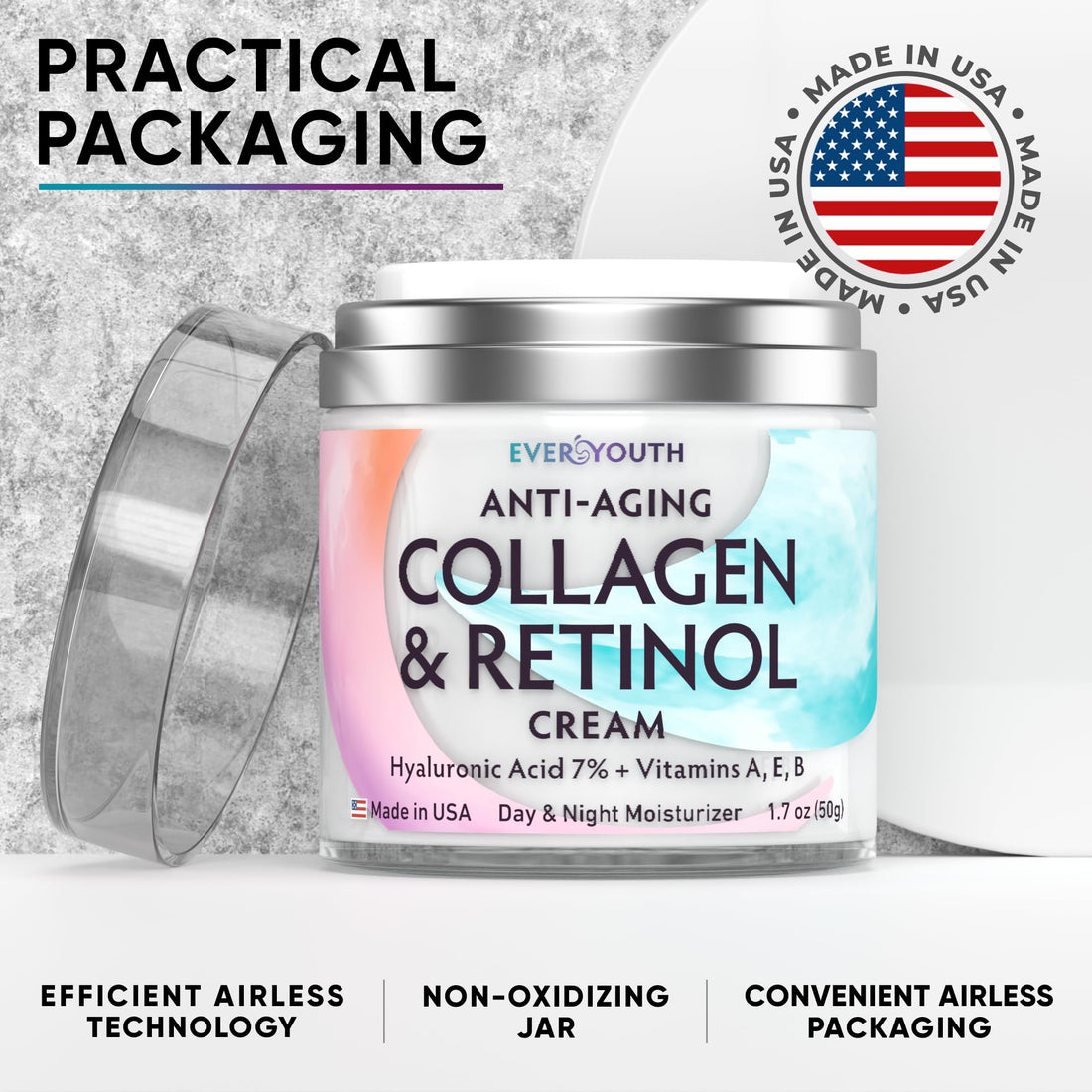 Collagen Cream for Face, Anti Aging Facial Moisturizer for Women with Hyaluronic Acid, Vitamin A, Vitamin E, Made in USA, Anti Wrinkle Face Cream, Neck Creams for Tightening and Firming, 1.7oz