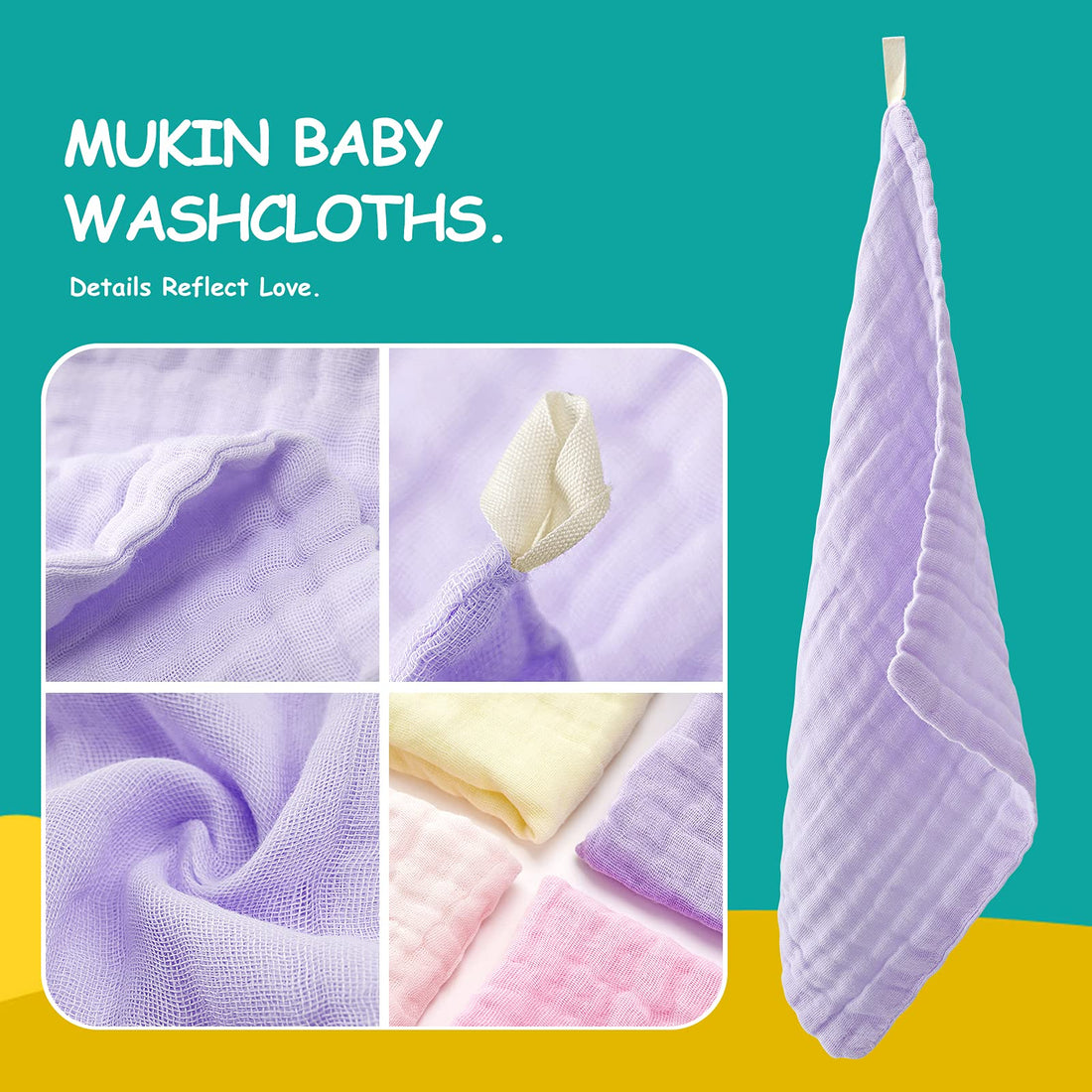 Baby Washcloths - Natural Cotton Baby Wipes - Soft Newborn Face Towel and Washcloth for Sensitive Skin- Baby Registry as Shower 5 Pack 12x12 inches by MUKIN