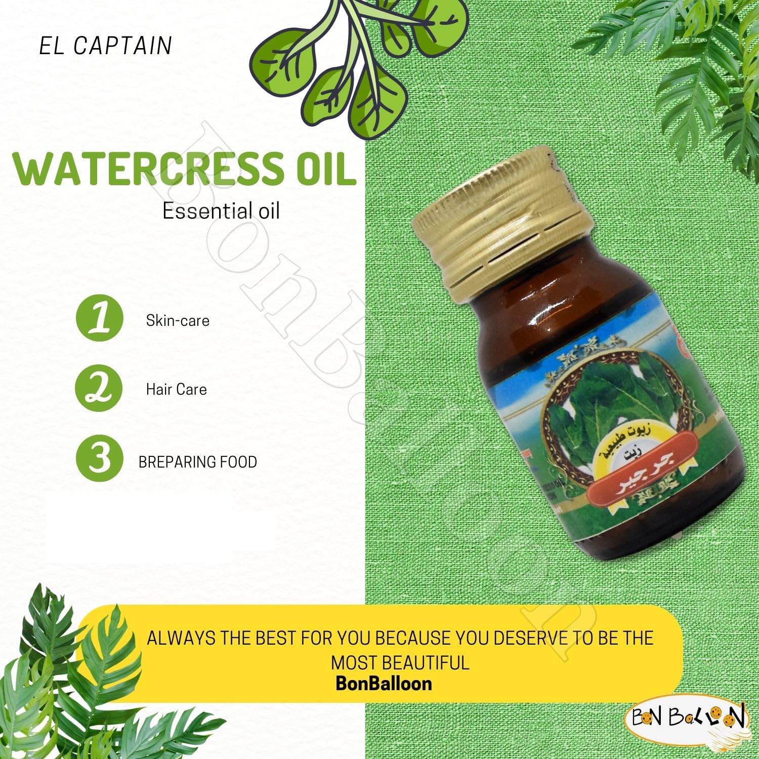 bonballoon El Captain Watercress Oil Halal Premium Pure Natural Al Captain Eruca Cress Cold Pressed Undiluted Oils Egyptian Hair Skin Care (1 Pack = 1 oz / 30 ml)
