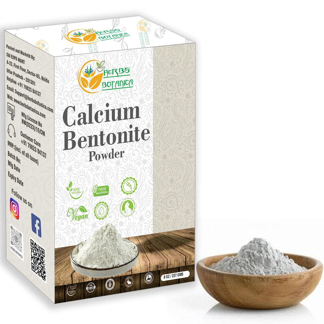 Herbs Botanica Calcium Bentonite Clay Food Grade Powder Indian Healing Clay for Face and Body, Detox Body Wrap, Deep Pore Cleansing Facial, Natural Facial Mask 8 oz / 227 gms / 1/2 lb