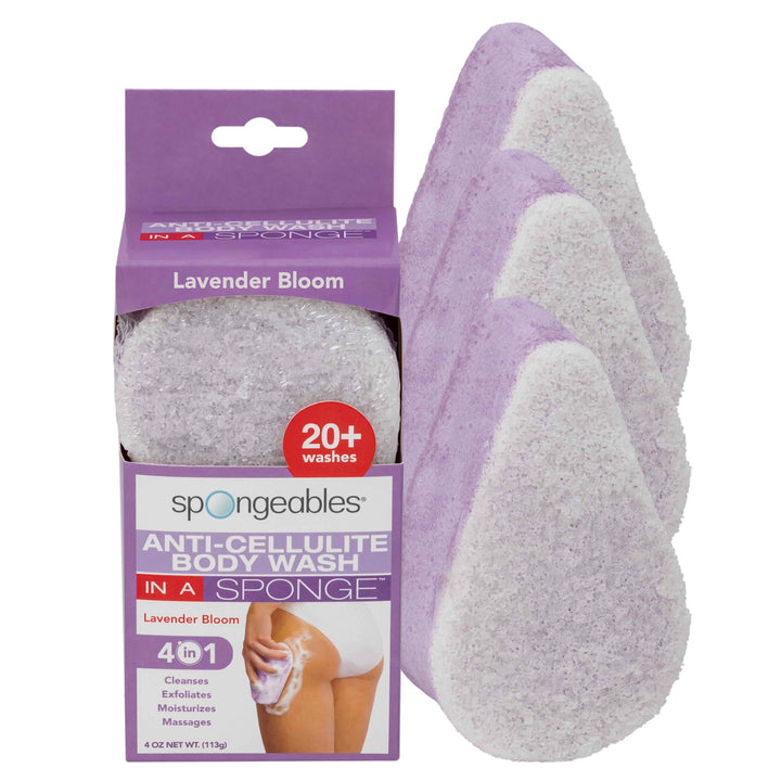 Spongeables Anti-Cellulite Body Wash in a Sponge, Lavender, Spa Cellulite Massager, Moisturizer and Exfoliator for the Body, 20+ Washes, Pack of 3