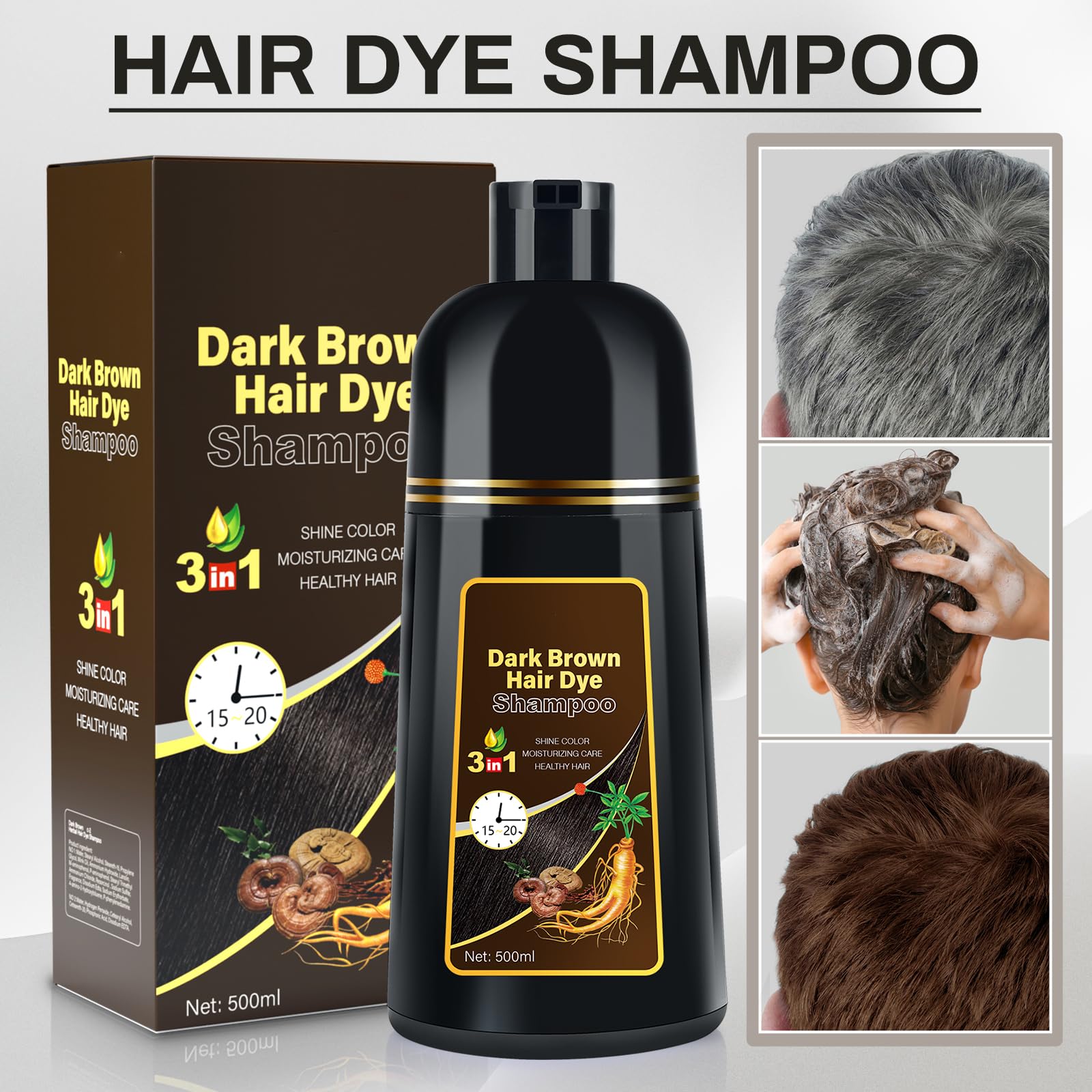 Cosmpro Dark Brown Natural Hair Dye Shampoo 3 in 1, 16.9 Fl Oz/500 ML, Semi-Permanent Gray Hair Coverage, Unisex, Natural Ingredients,