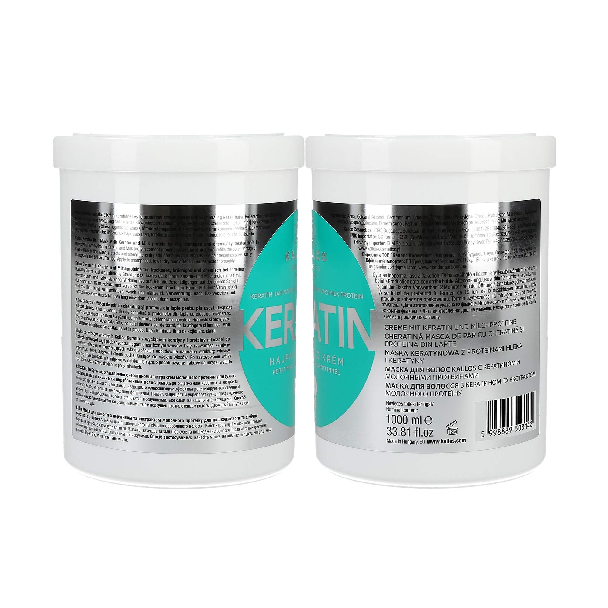 Kallos Keratin Hair Mask with Keratin and Milk Protein for Dry, Damaged and Chemically Treated Hair - 1000ml
