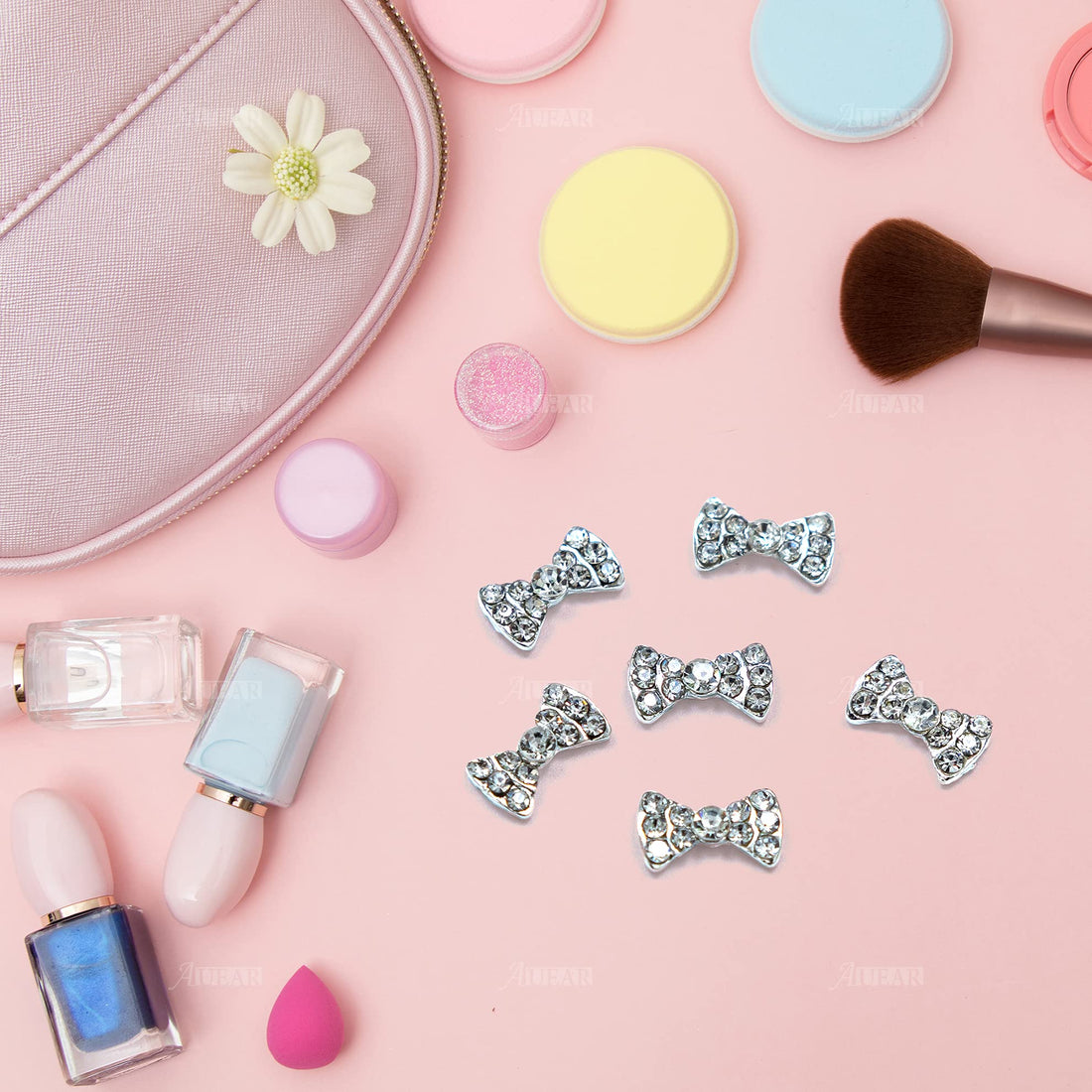 AUEAR, Charming 3D Nail Art Charms Bow Tie Rhinestones Crystal Pendant Decals DIY Decoration for Women Nail Art Beauty Design Jewelry Craft (Silver, 40 Pack)