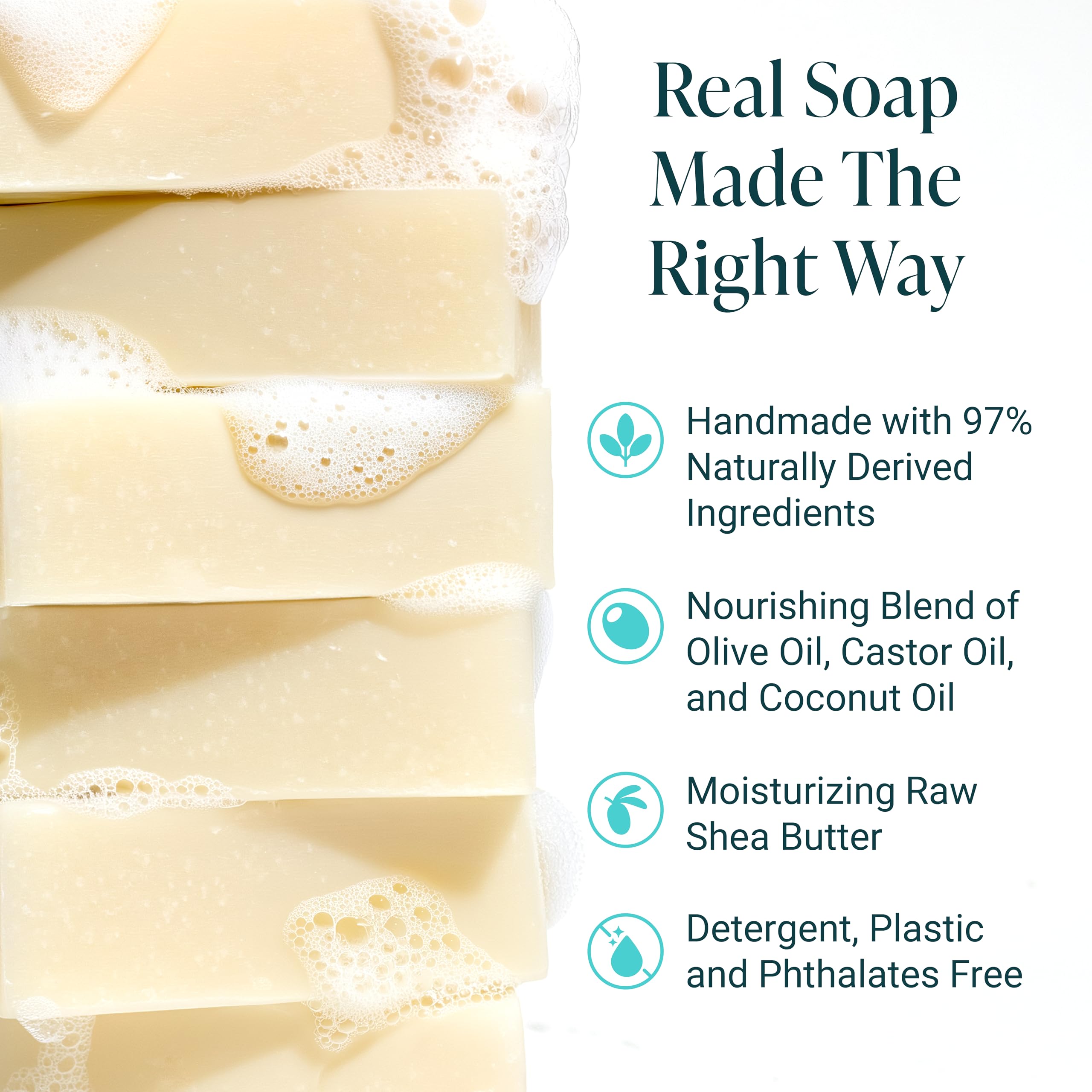 The Bubble Factory Handmade Natural Bath & Body Soap Bar, Vegan, All-Natural, Palm Oil Free, Made in USA with Shea Butter + Essential Oils, Unscented, 3 Bars