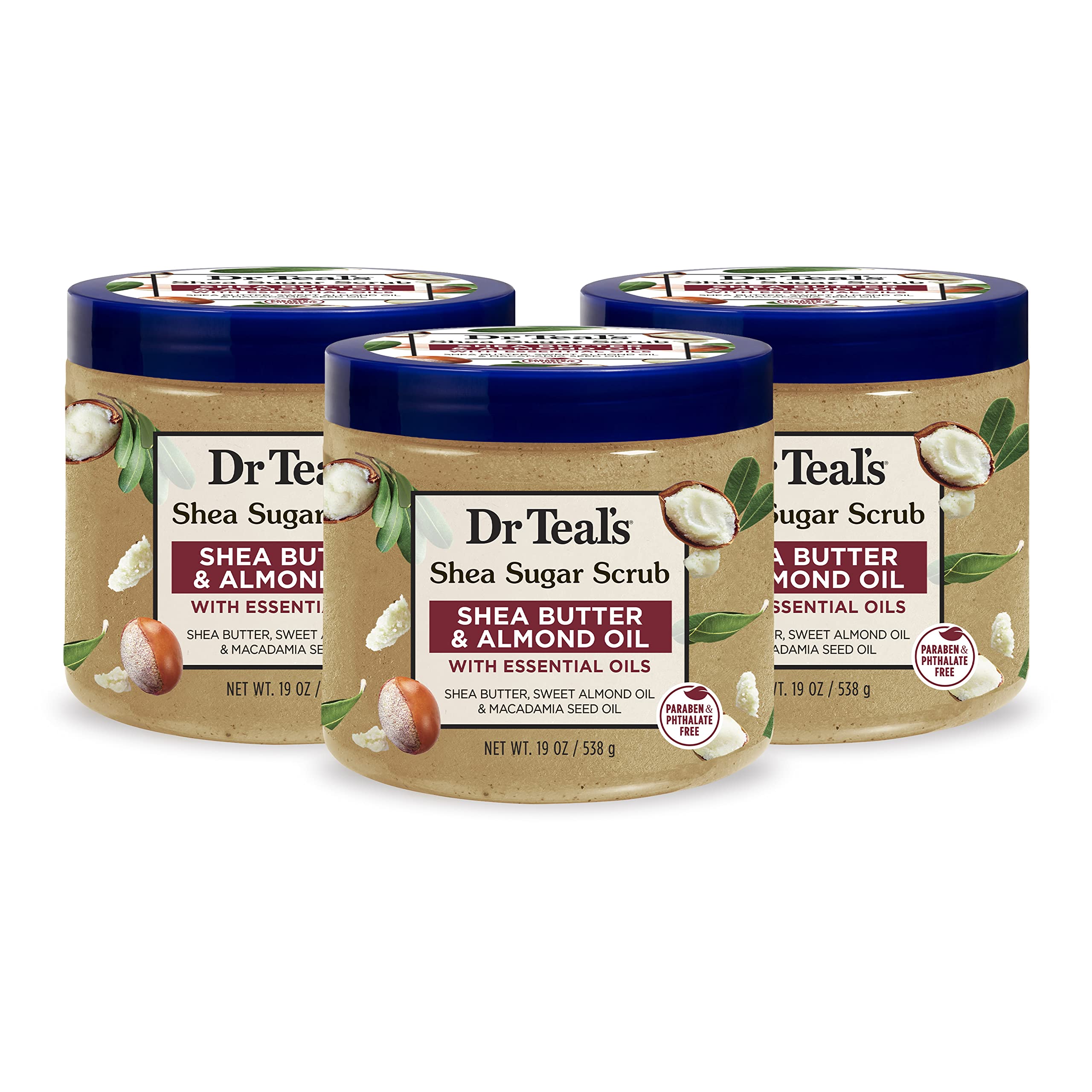Dr Teal's Shea Sugar Body Scrub,Shea Butter with Almond Oil & Essential Oils, 538g | Pack of 3
