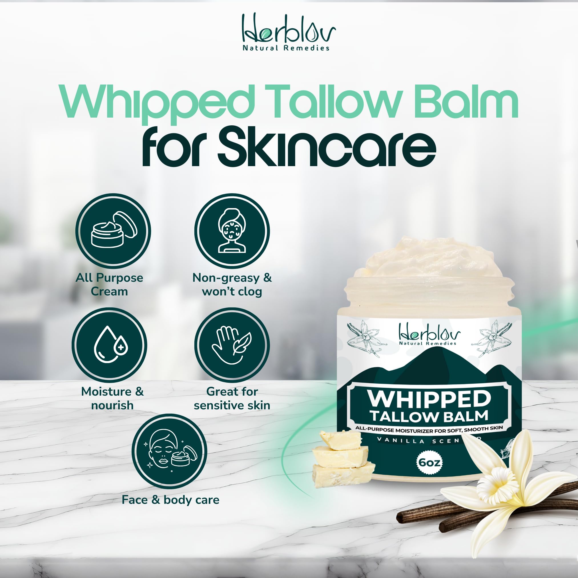 Beef Tallow Balm – Natural Grass Fed Whipped Tallow and Honey All Purpose Balm – Moisturizing Face and Body Lotion for Eczema, Cracked, Dry, Itchy, Irritated Skin – Skin Repair Made in USA (Vanilla)