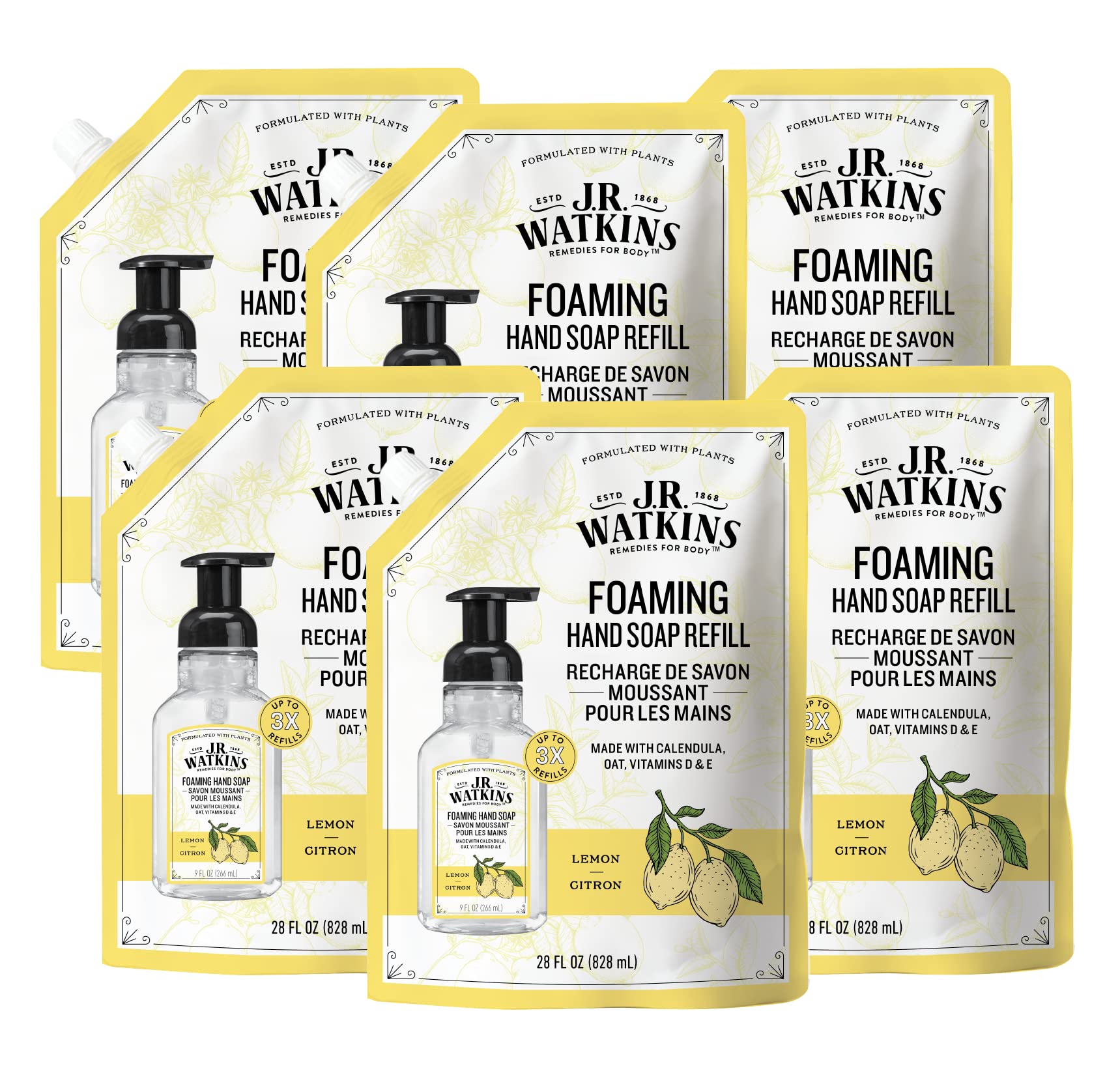 J.R. Watkins Hand Soap, Foaming, 28 fl oz, Lemon, Refill (6 pack)