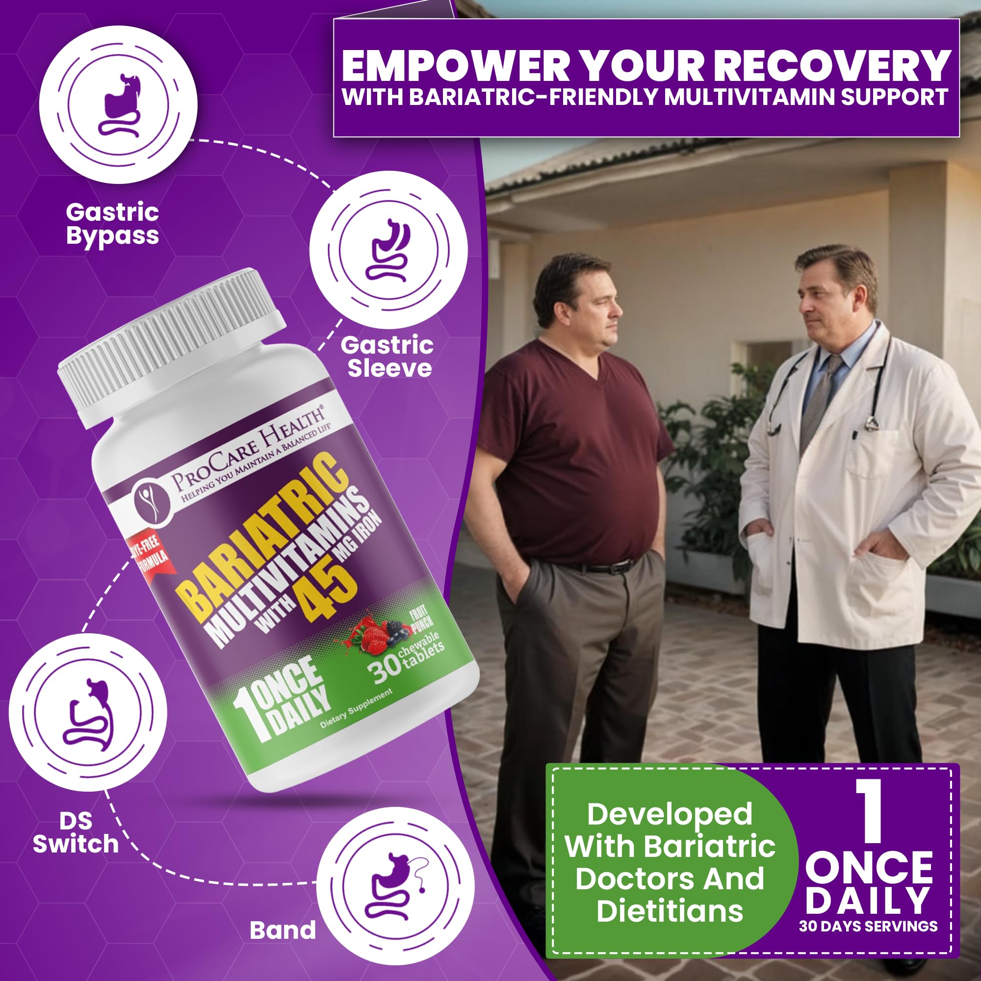 Procare Health Bariatric Multivitamin with Iron 45mg Chewable (30 Tablets) - Fruit Punch Flavor Bariatric Multivitamin Chewable Pills for Gastric Bypass & Sleeve Gastrectomy Patients (01 Month Supply)