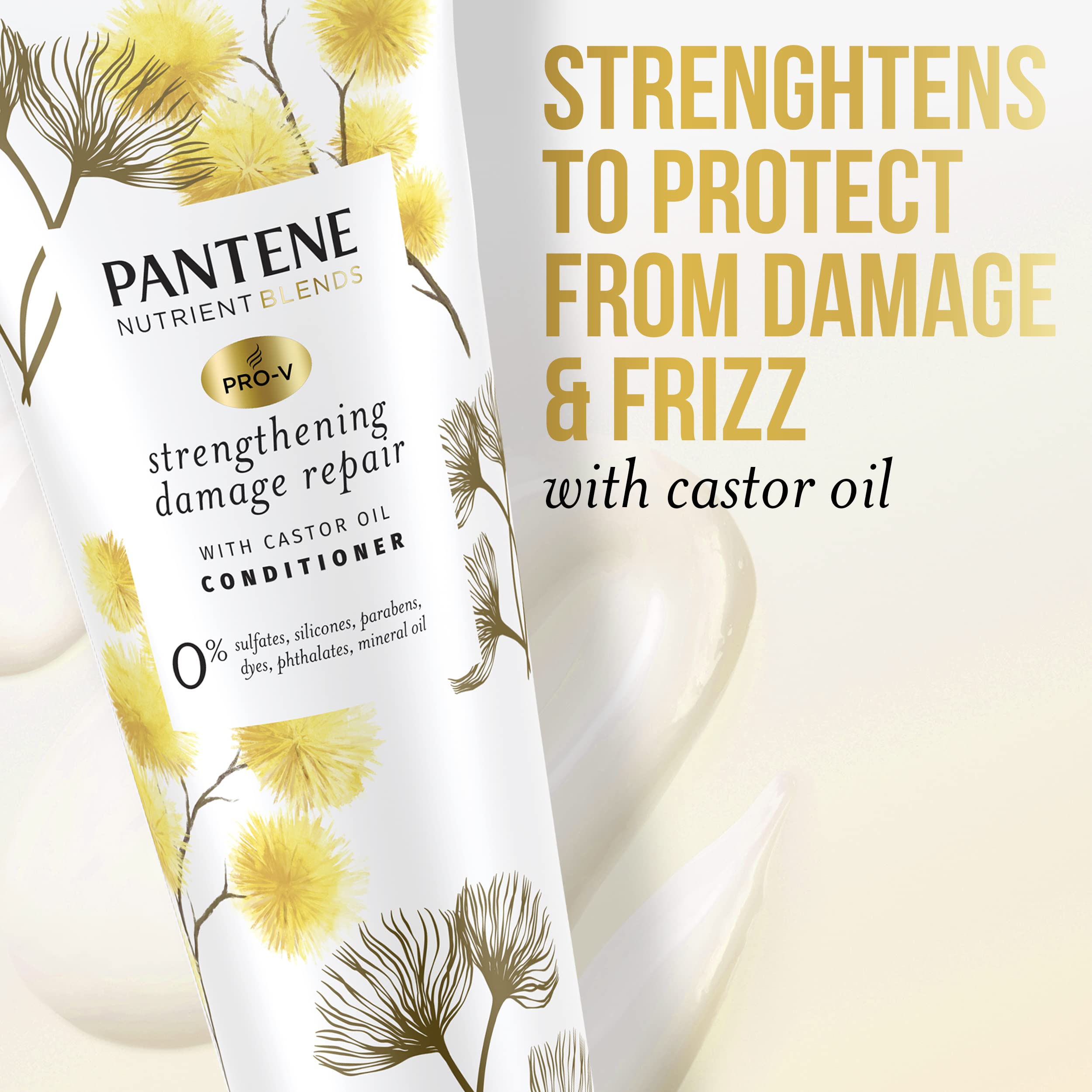 Pantene Sulfate Free Conditioner, Hair Strengthening Anti Frizz Damage Repair with Castor Oil, Safe for Color Treated Hair, Nutrient Blends, 8.0 oz