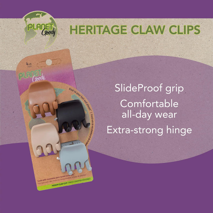 Goody Planet Goody Sustainable Heritage Claw Clips, Medium, Extra Strong, Neutral Colors, Pink, Black, Yellow and Gray, 4 Count