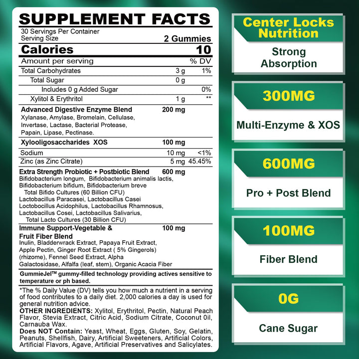Digestive Enzymes Gummies for Women & Men, Multi-Enzymes with 90Billion CFU Probiotics and Prebiotics & Postbiotic, Vegetable & Fruit Fiber Blend, Super Enzymes for Digestive & Gut Health,Immune,60Cts