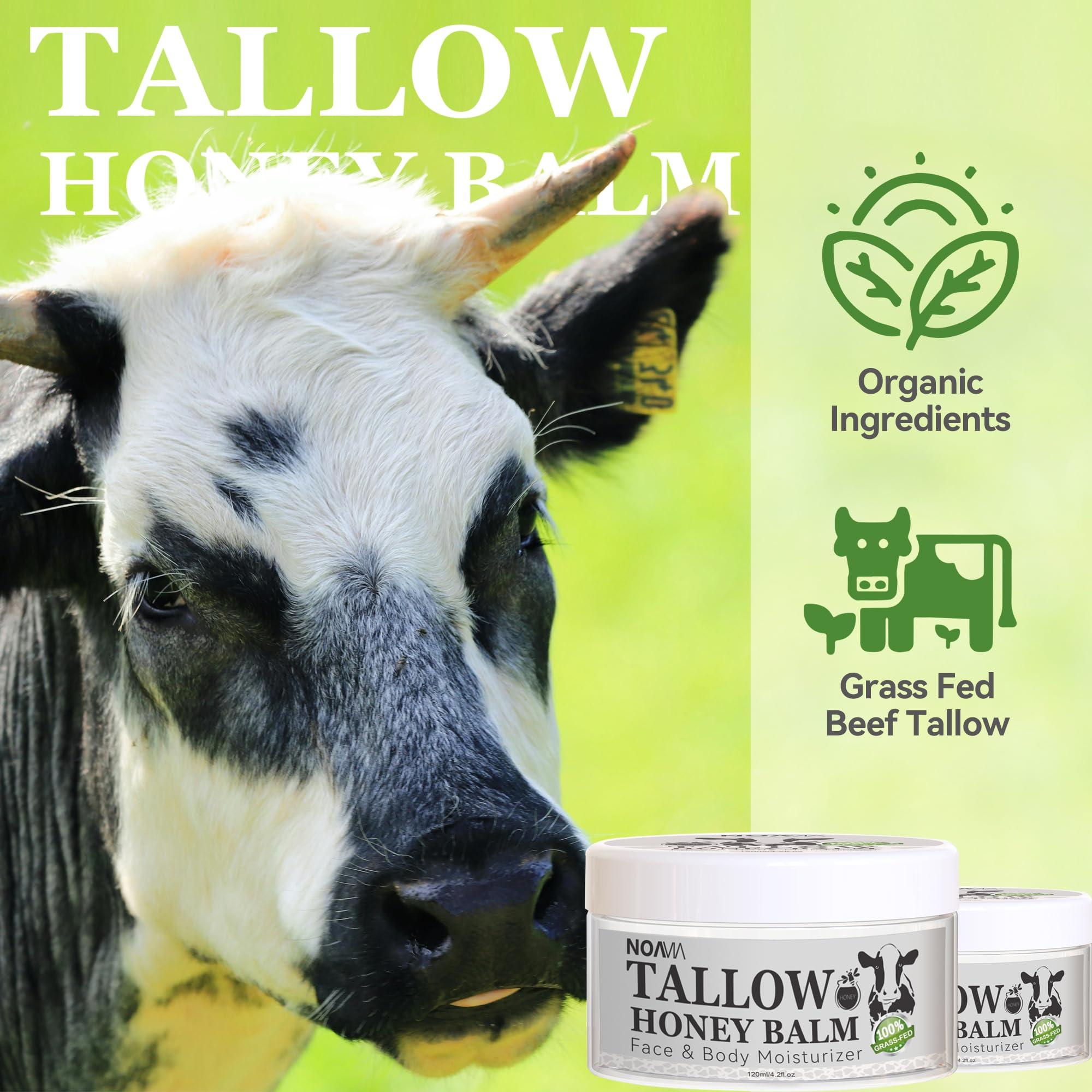 NOAVIA Beef Tallow and Honey Balm, Beef Tallow Moisturizer for Skin, Tallow Face Cream Moisturizes Face and Body,Grass Fed Tallow Honey Balm Soothes and Calms Sensitive Skin, 4.23oz