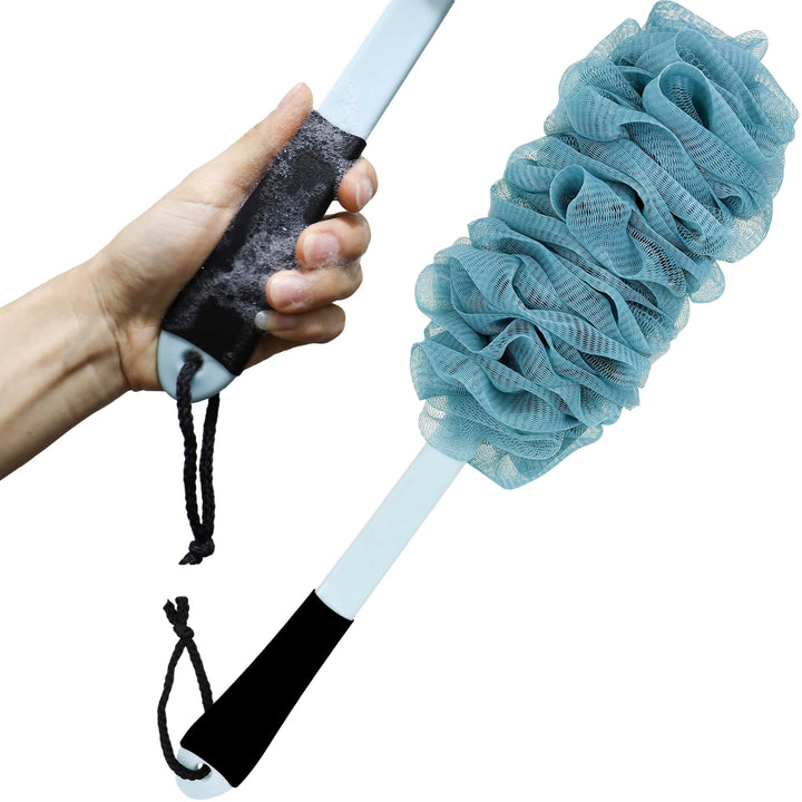 Back Scrubber for Shower, Loofah Long Handle Bath Body Brush, Soft Nylon Mesh Sponge On a Stick for Shower Men Women Kids Elderly, Exfoliating Scrub Cleaning Luffa for All Kinds of Skin (Blue)