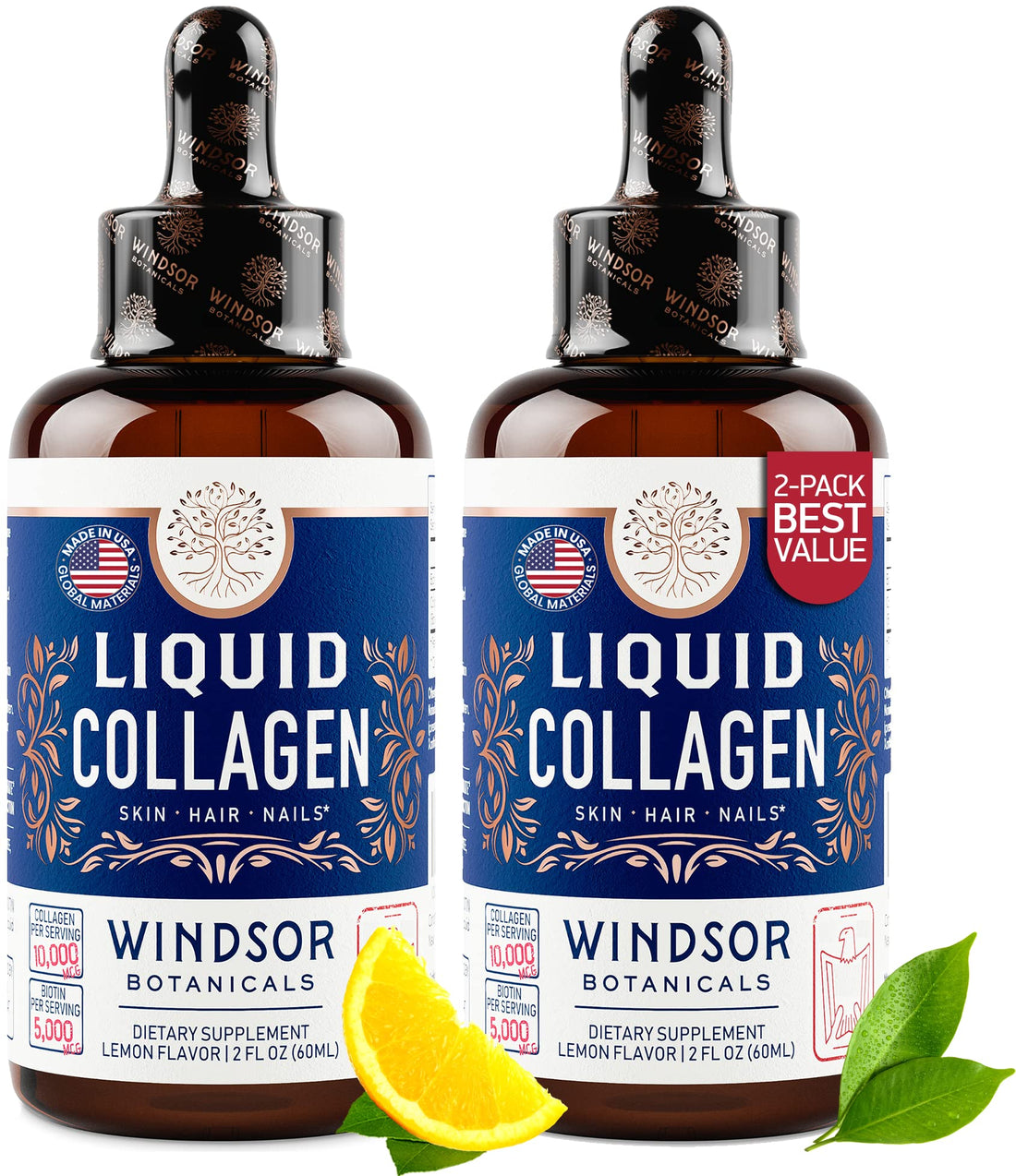 WINDSOR BOTANICALS Liquid Collagen for Women and Men - Hair, Skin, Nails Vitamins - Lemon Flavor Collagen Peptides Hair Growth Drink - 5,000mcg Biotin, 10,000mcg - US Made - 2x2oz