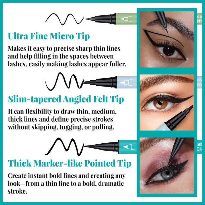 UCANBE 3pcs Black Liquid Eyeliner Kit Included 3 Brush Tip for Ultra Precision, Quick Drying, Smooth Glide, Smudge-Resistant, Waterproof Pigmented Up To 24 Hours Liquid Liner Eye Makeup Set
