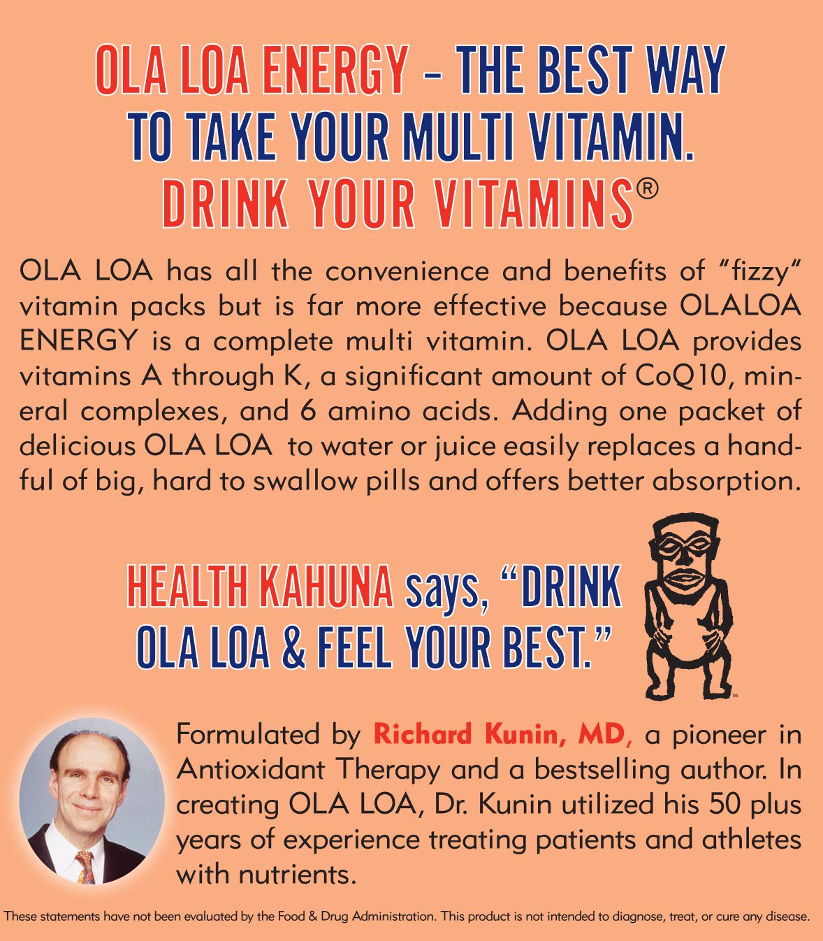 Ola Loa Energy Orange Multi Vitamin Drink Mix - Amino Energy Powder, Gluten Free, Detox, Dairy Free, Caffeine Free - Drink Your Vitamins for The Rigors of Daily Life - 30 Packets (8.25oz)