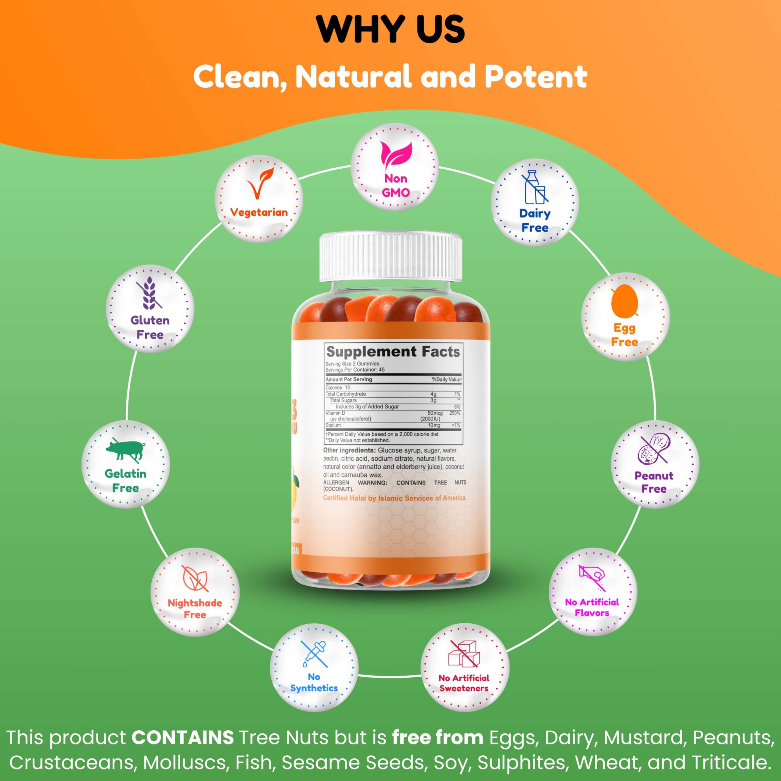 SHIFAA NUTRITION Vegetarian Vitamin D3 Gummies for Adults & Kids | 45-90 Servings, 2,000IU / 1,000IU | Non-GMO, Gluten-Free, Gelatin-Free | Supports Bones, Muscles & Immune System Halal Vitamins