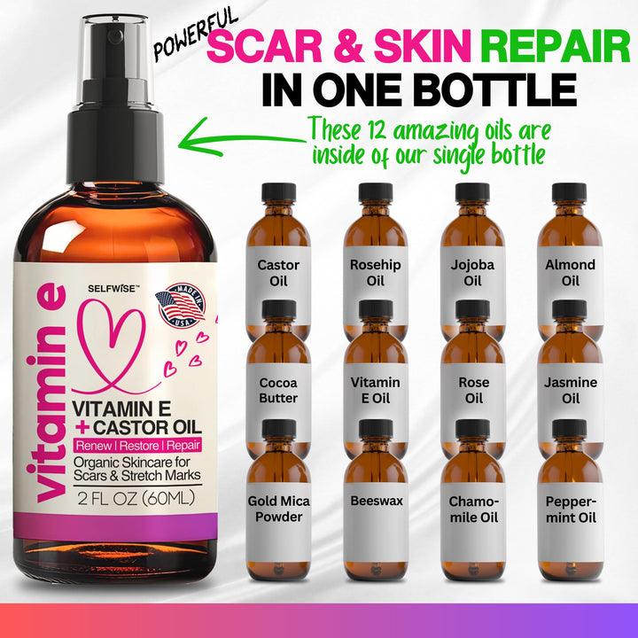 Organic Vitamin E Oil for Scars, Stretch Marks Removal, Wrinkles & Cellulite - Scar Away Treatment Bio Oil with Castor, Rosehip, Jojoba, Almond - Hydrating & Moisturizing Skincare - Face & Body Oil