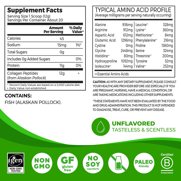 Orgain Wild-Caught Marine Collagen Peptides Powder for Women & Men, Hair, Skin, Nail & Joint Support Supplement, 12g Collagen Per Serving, Pescatarian & Paleo, Non-GMO, Unflavored, Type I & III, 8.5oz