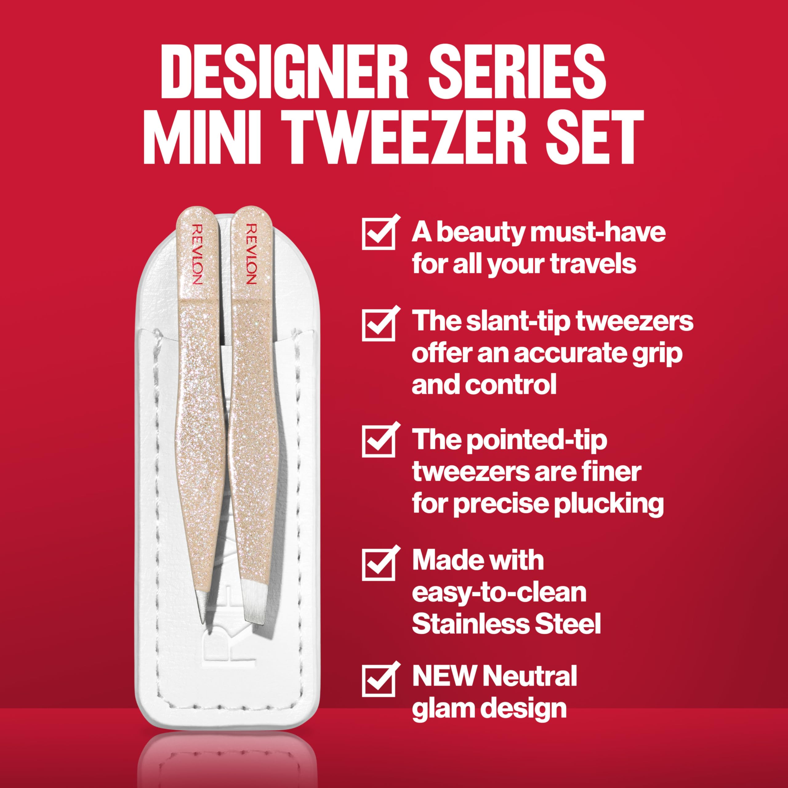 Revlon Designer Series Mini Tweezer Set, Hair Removal Tool Kit with Slant & Point Tips, Portable and Easy to Use, Made with Long Lasting Stainless Steel, 1 Count