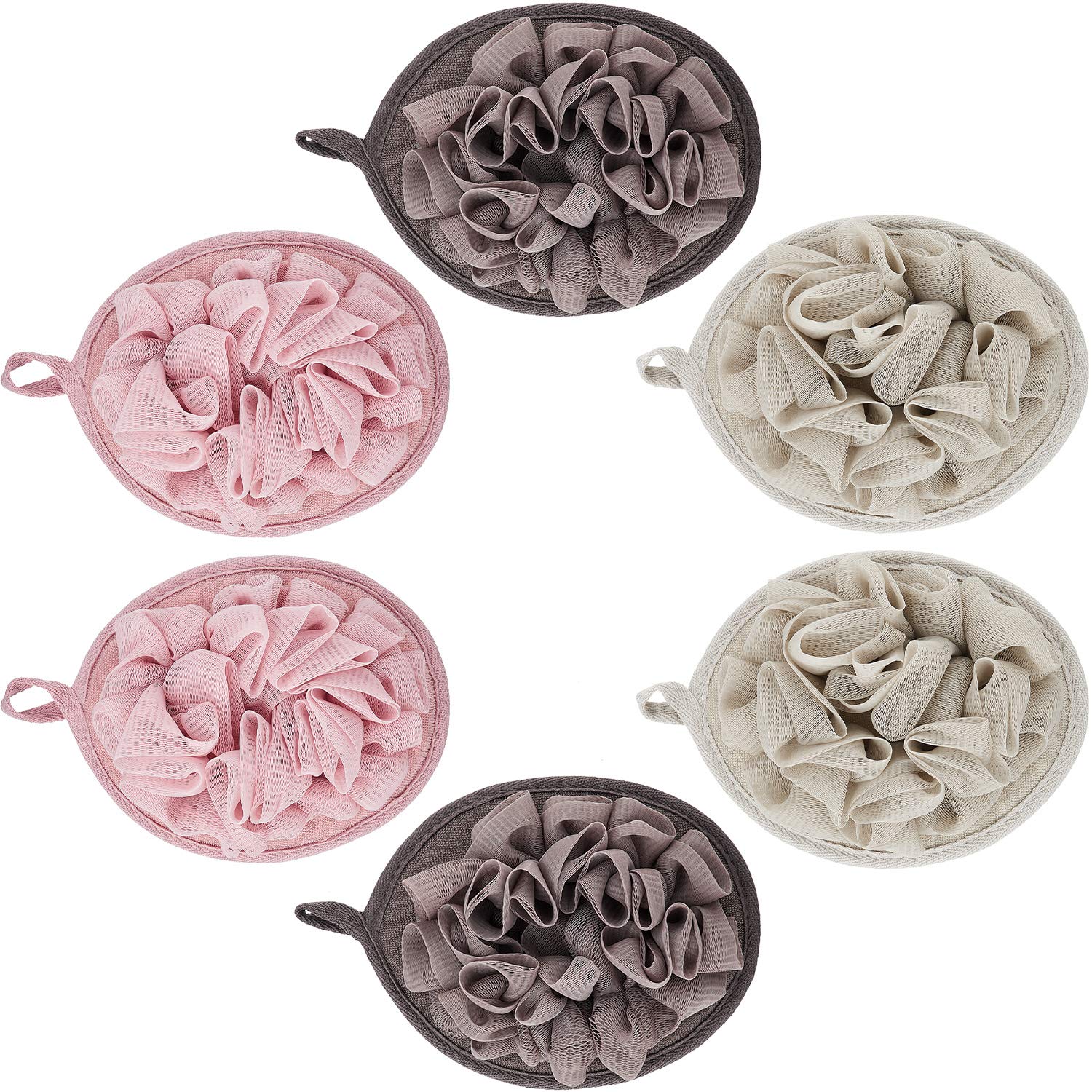 6 Pieces Bath Shower Pouf Sponge Mesh Pouf Shower Ball Exfoliating Body Loofah Shower Scrubber Ball Shower Glove with Flower Bath Balll (Khaki, Coffee, Pink)