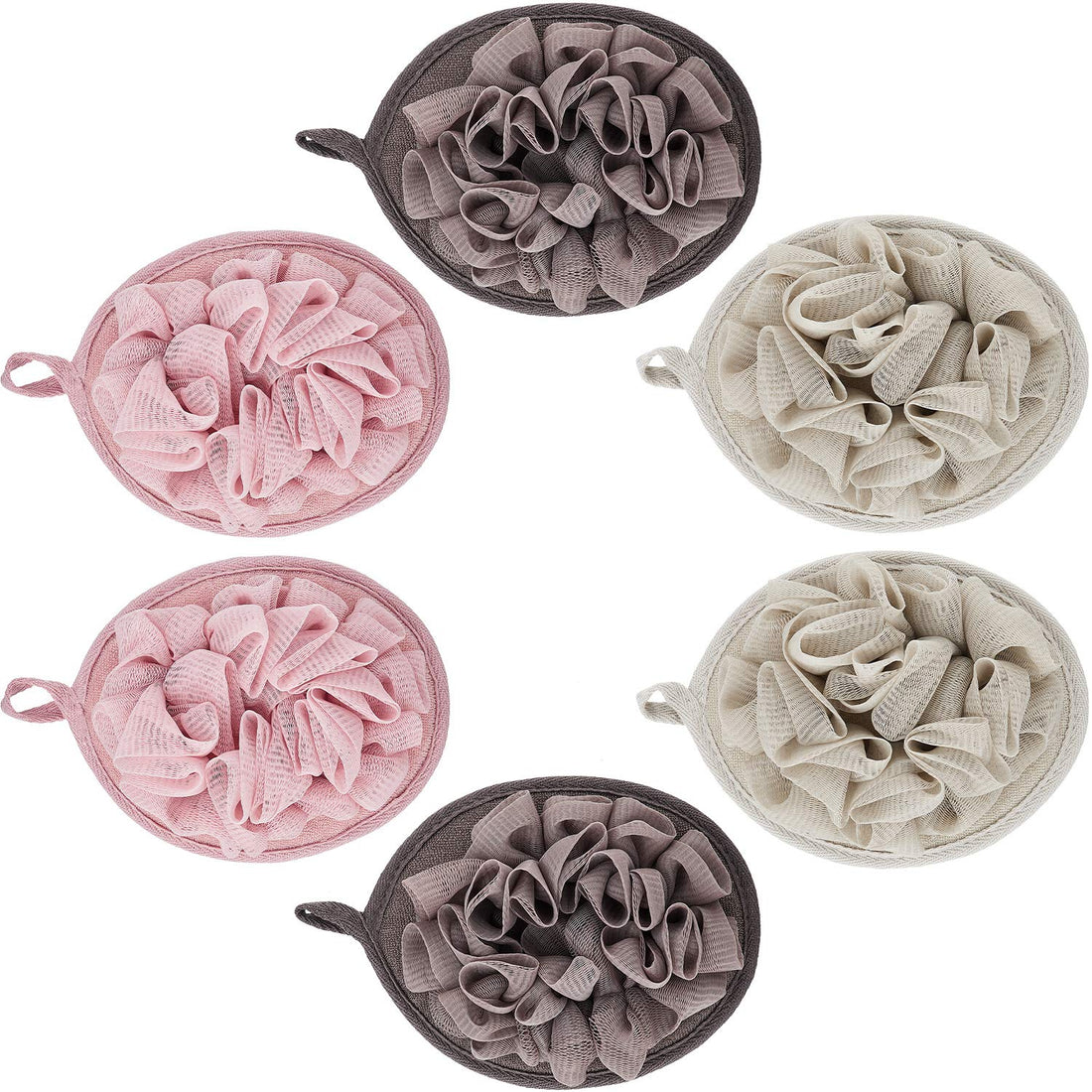 6 Pieces Bath Shower Pouf Sponge Mesh Pouf Shower Ball Exfoliating Body Loofah Shower Scrubber Ball Shower Glove with Flower Bath Balll (Khaki, Coffee, Pink)