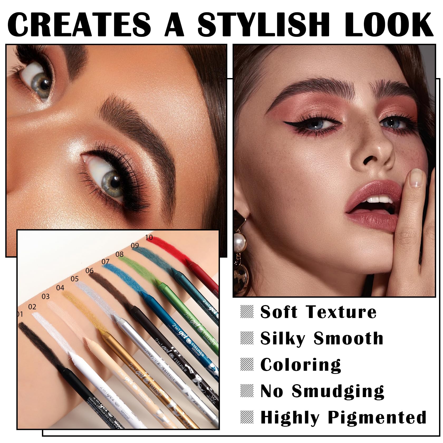 AIUEO 2PCS Black Eyeliner Waterproof Eyeliner Pencil Multifunctional Gel Eyeliner Pencils Lip Liner Long Lasting Eyeliner,lapiz de ojos a prueba de agua-01 Black