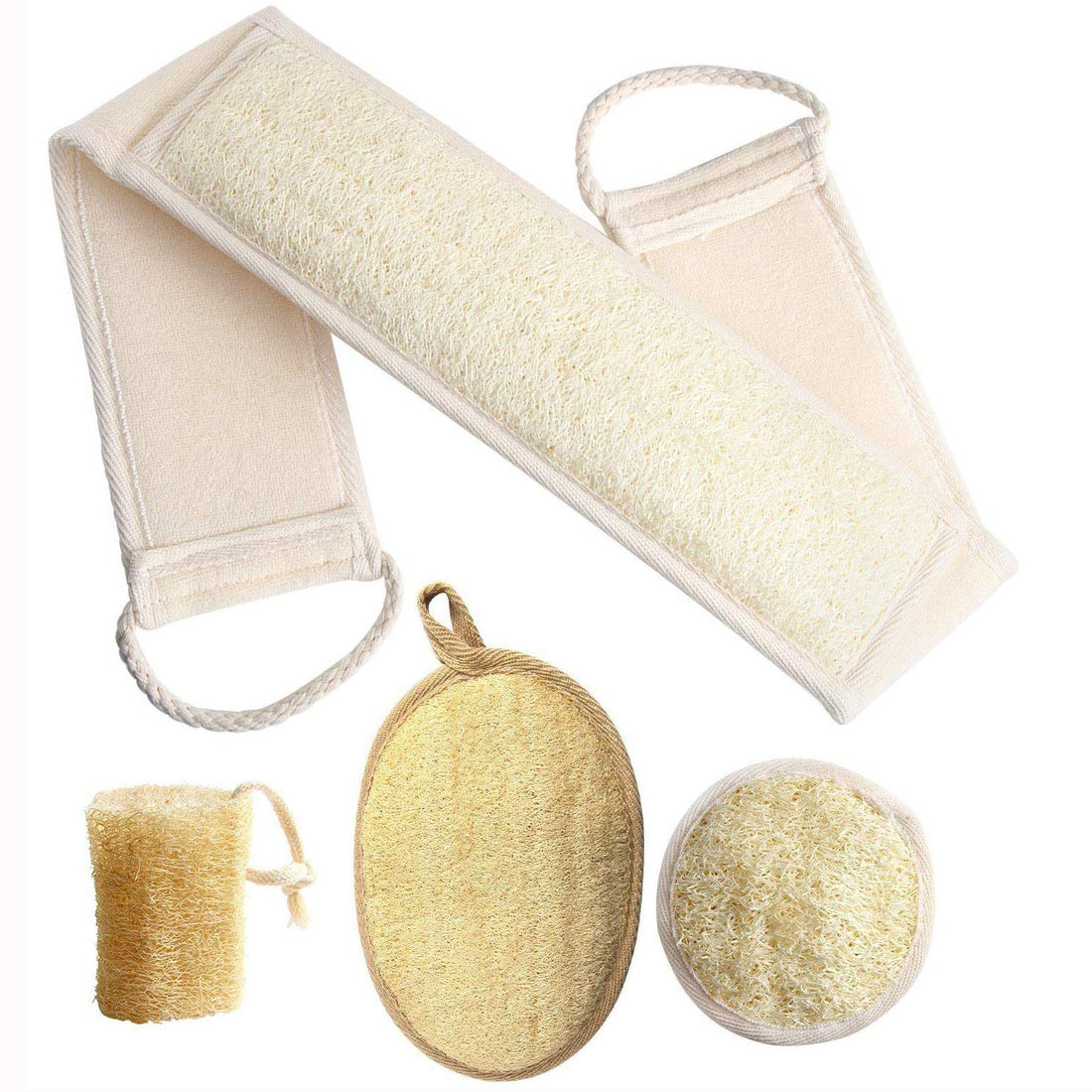 Loofah Body Scrubber - 4 PCS Exfoliating Loofah Back Scrubber Natural Luffa Shower Bath Sponge Exfoliating Washcloth Face Scrubber Pad for Deep Clean & Invigorate Your Skin (Free Suction Hooks)