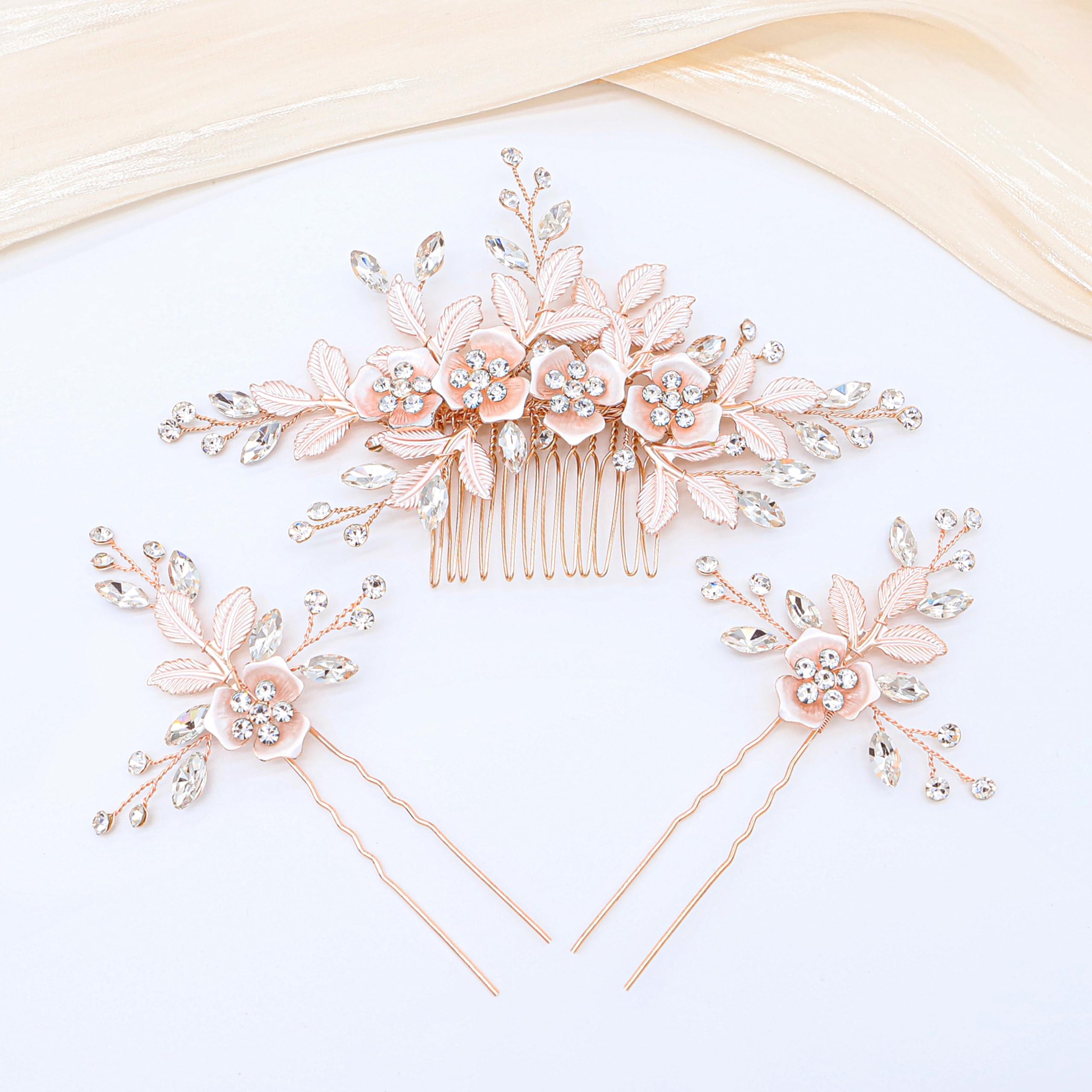 Ammei Rose Gold Hiair Side Comb With 2 Set Hair Pins Bridal Hair Accessories Weding Headpiece Set
