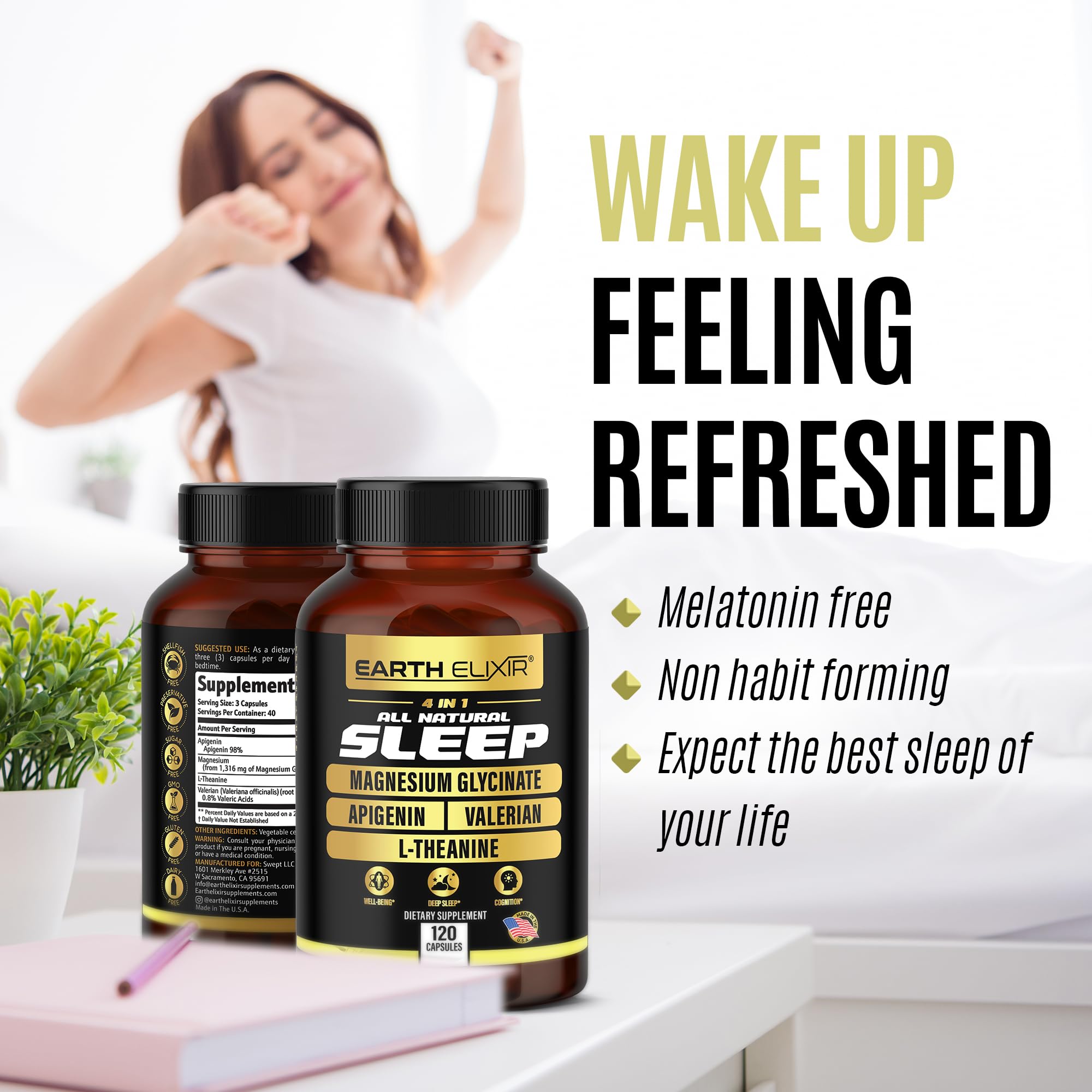 Earth Elixir 4-in-1 Sleep Aid (120 Caps) w/Apigenin 50mg, Magnesium Glycinate 200mg, L Theanine 200mg & Valerian Root for Sleep Aid 300mg | Apigenin Supplement for Sleep | Sleeping Pills