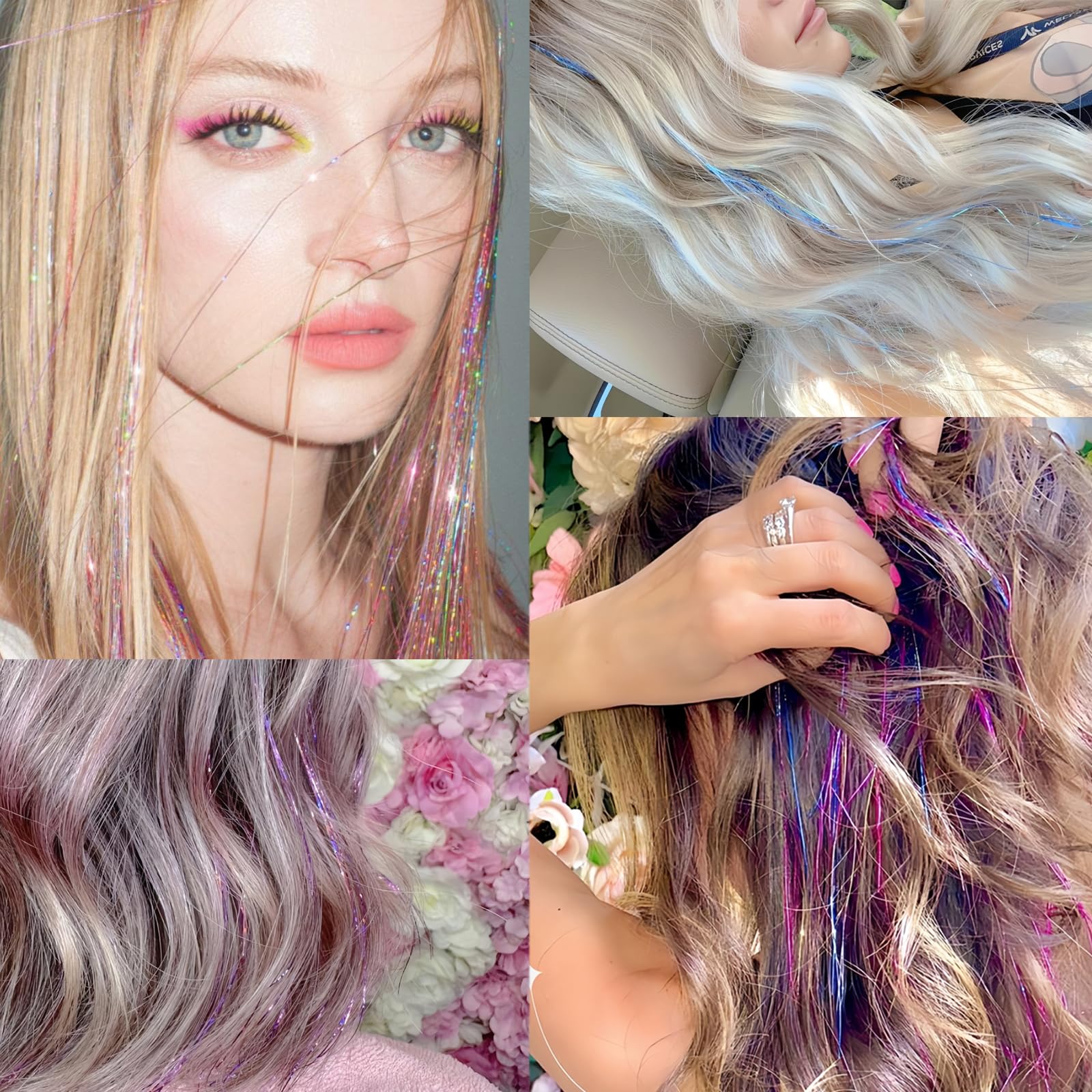 Hair Tinsel, Hair Tinsel Kit for Girls 1800 Strands Fairy Tinsel Hair Extensions Holographic Hair Tinsel Heat Resistant Colored Hair Glitter Christmas Party Festival (Red)