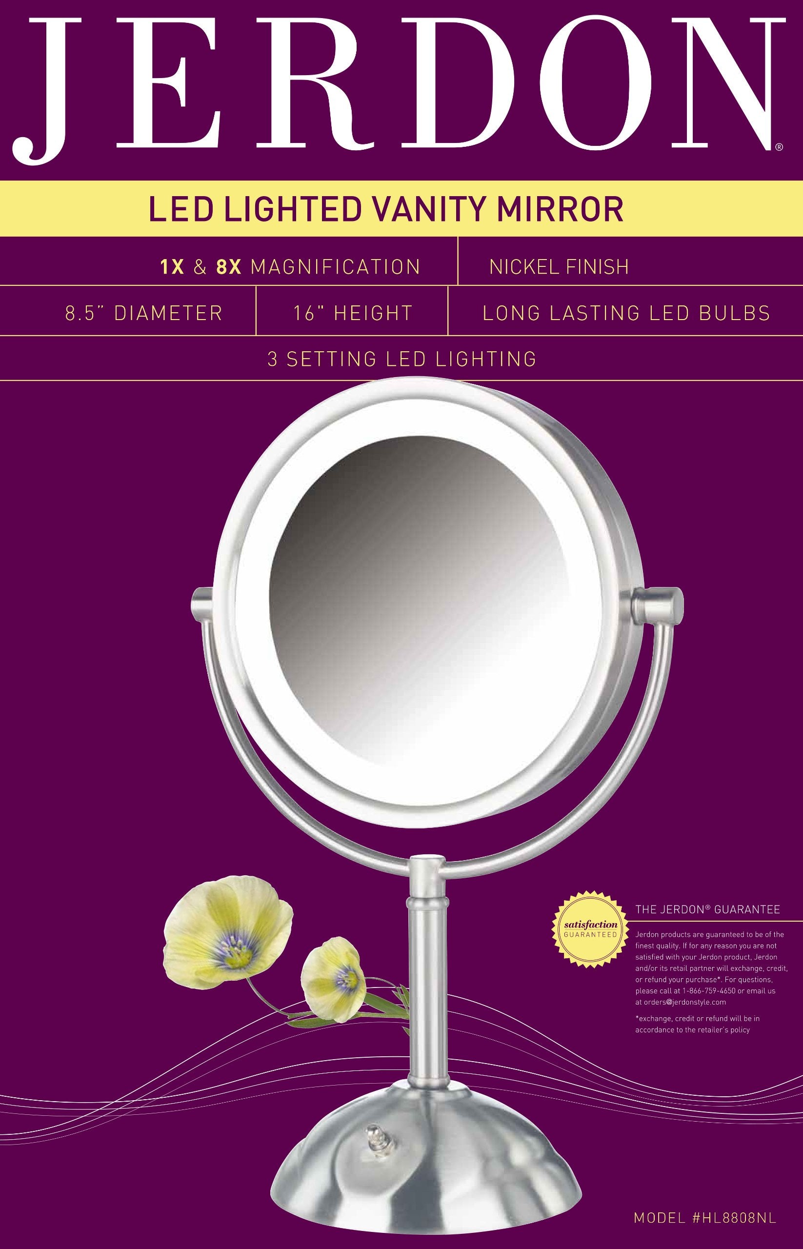 Jerdon Lighted Tabletop Makeup Mirror - Halo Lighted Makeup Mirror with 1X and 8X Magnification in Nickel Finish - 8.5-Inch Diameter Vanity Mirror - Model HL8808NL